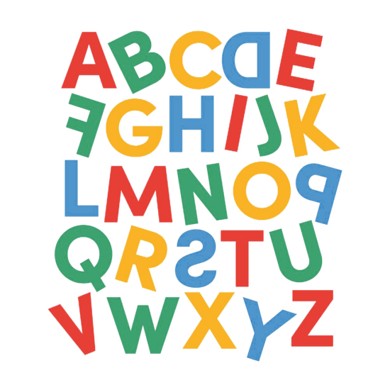 Alphabet composé avec la Dyslexic Font, les lettres sont colorées (rouge, vert, jaune ou bleu) et semblent bouger - le D, le F et le S, par exemple, sont à l'envers.