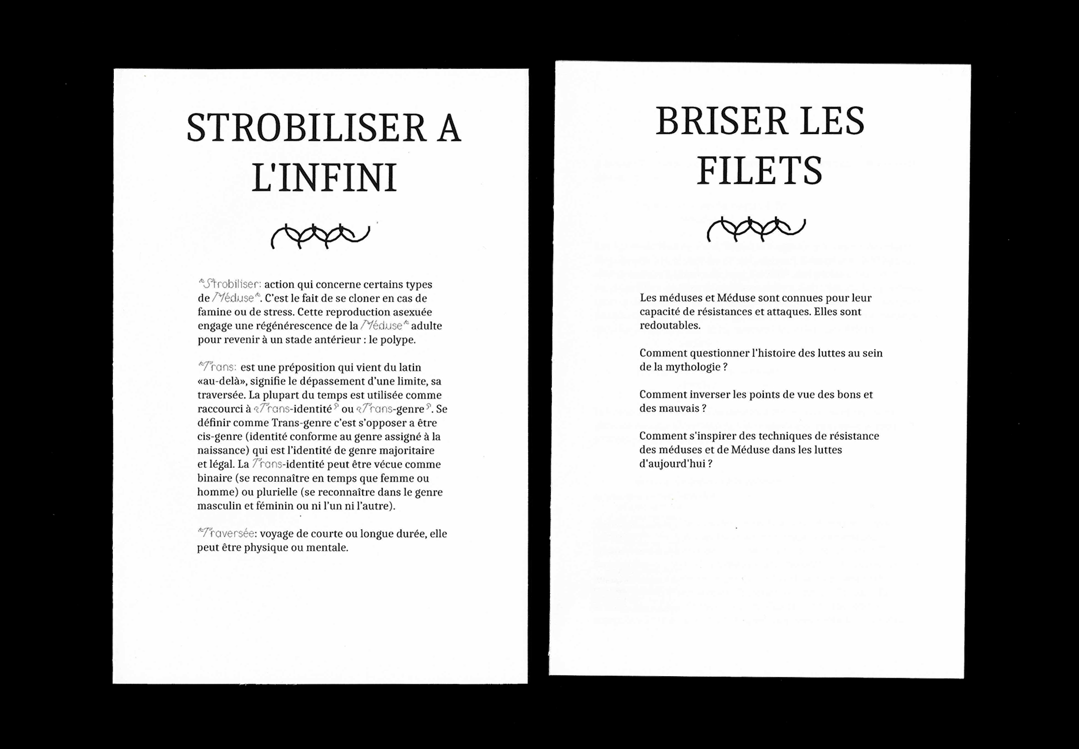 Premières de couvertures de deux des quatre livrets du mémoire de Nino André intitulé Méduse(s) : Récits et formes de résistance