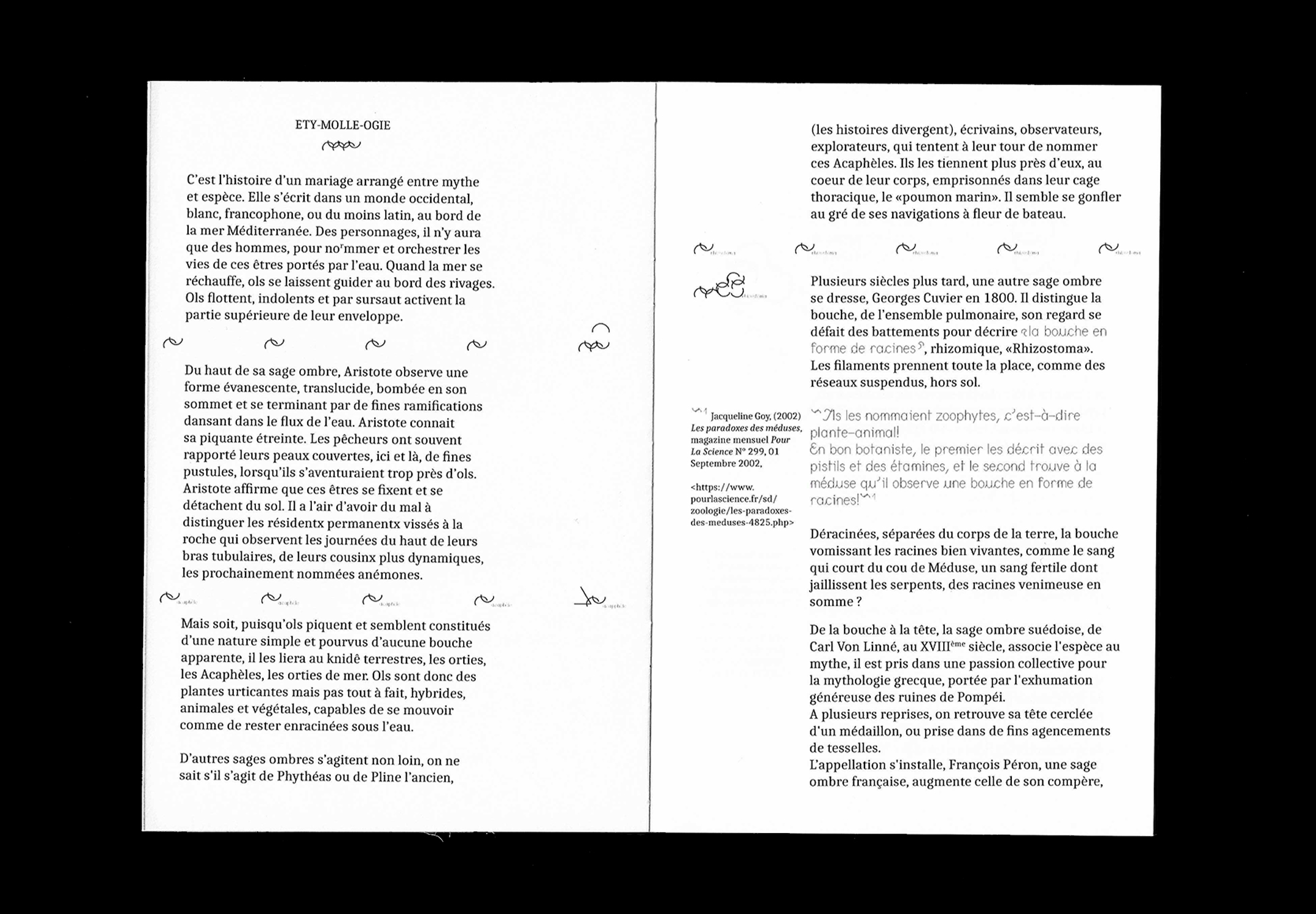 Double page du mémoire de Nino André intitulé Méduse(s) : Récits et formes de résistance