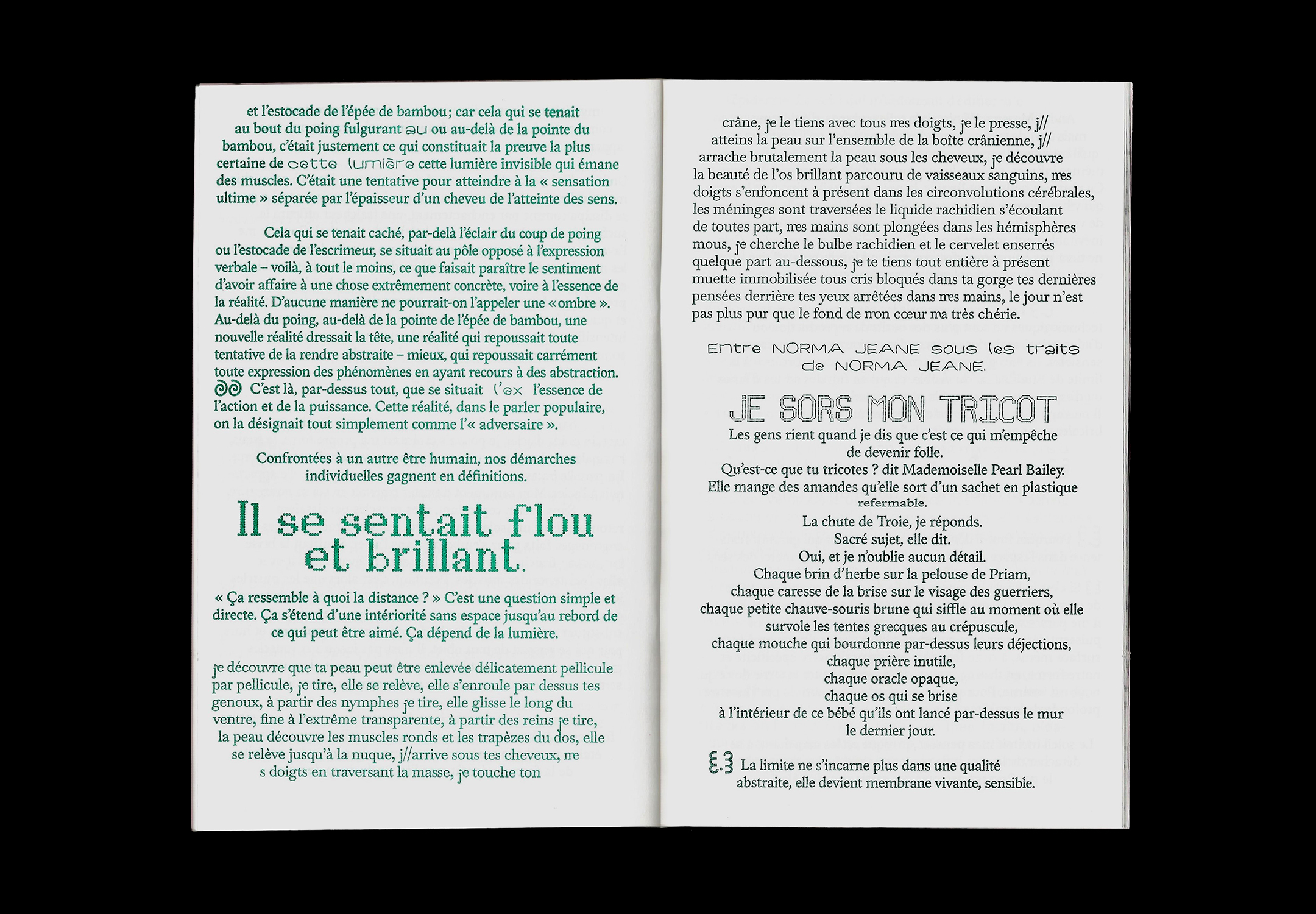 Double-page intérieure contenant du texte en vert et en noir.