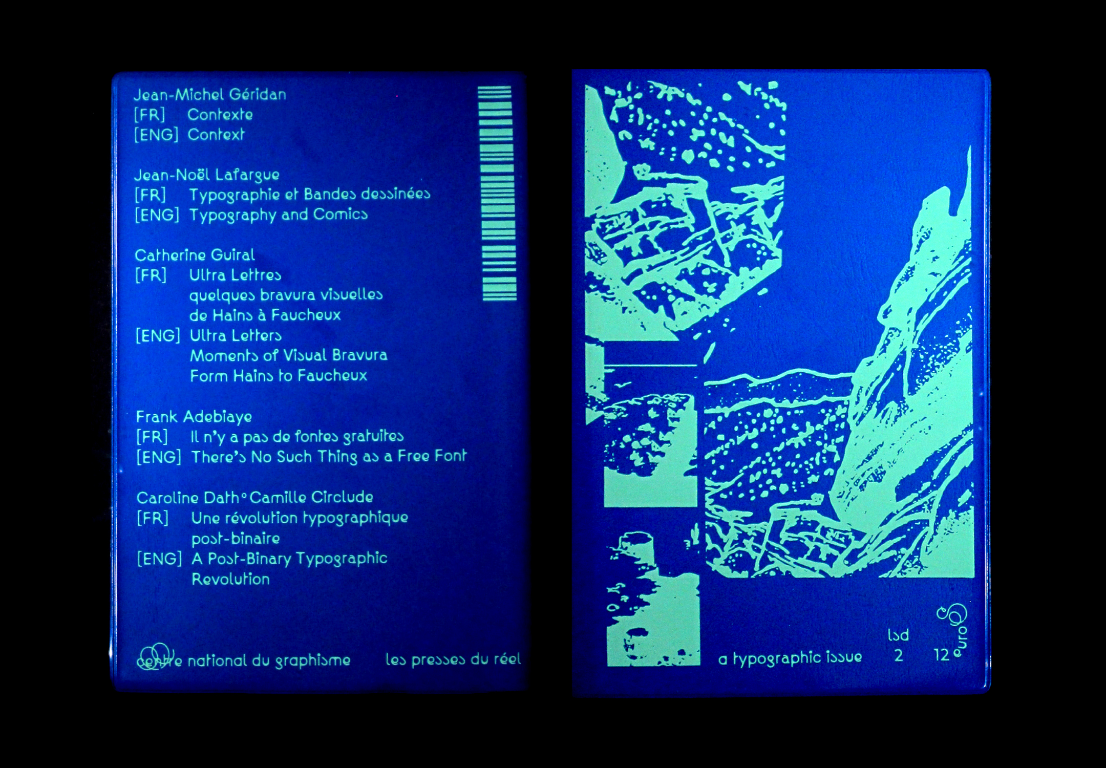 Couverture et quatrième de couverture de la revue. La quatrième de couverture fait office de sommaire. Les tons sont bleus.