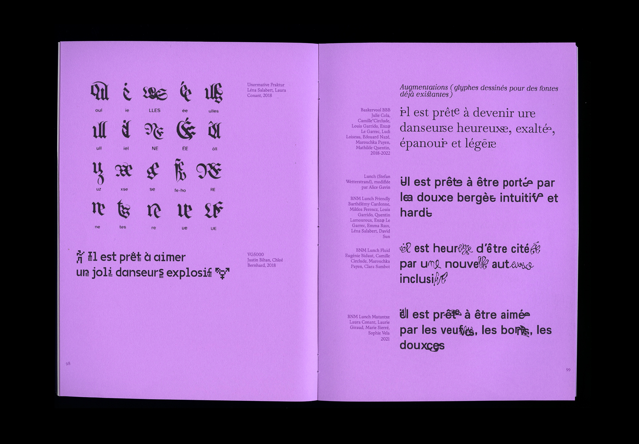 Vue d'une double page des annexes, un répertoire de typographies sur papier violet.