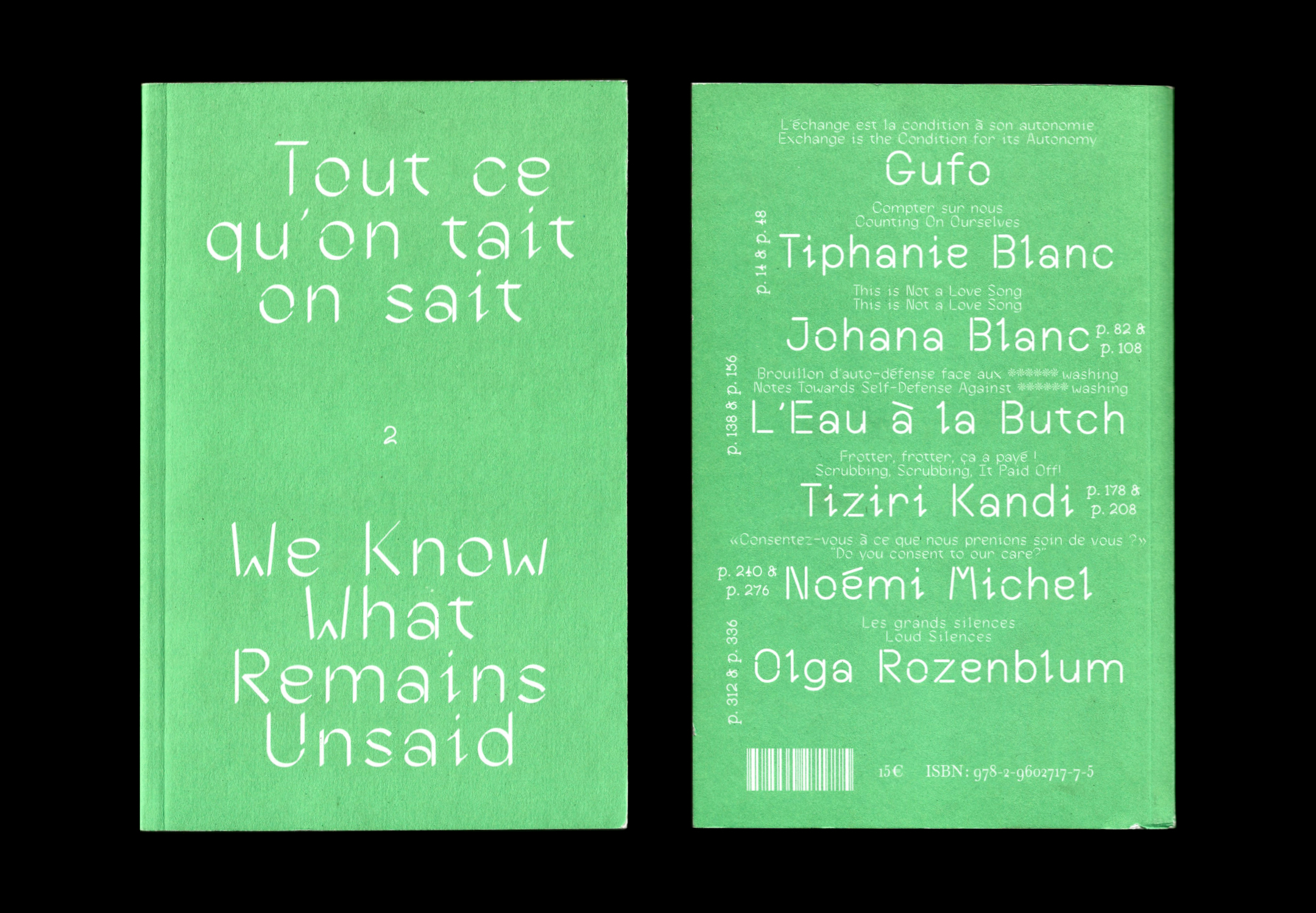 Couverture et quatrième de couverture du livre, qui est vert fluo. Le texte est en blanc et la quatrième fait office de sommaire.