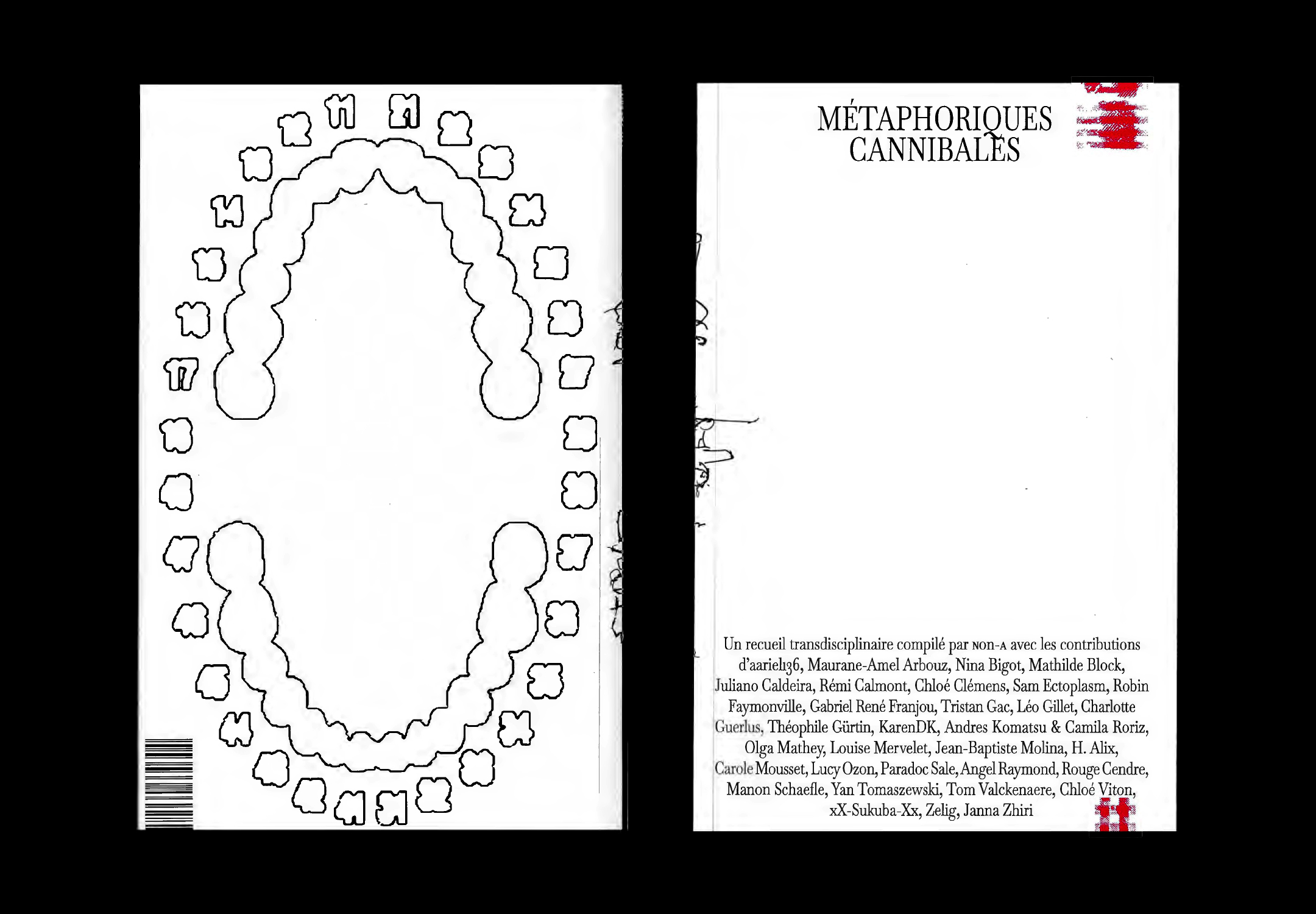 Couverture et quatrième de couverture du livre. Le fond est blanc, en couverture du texte et en quatrième un dessin de machoire.