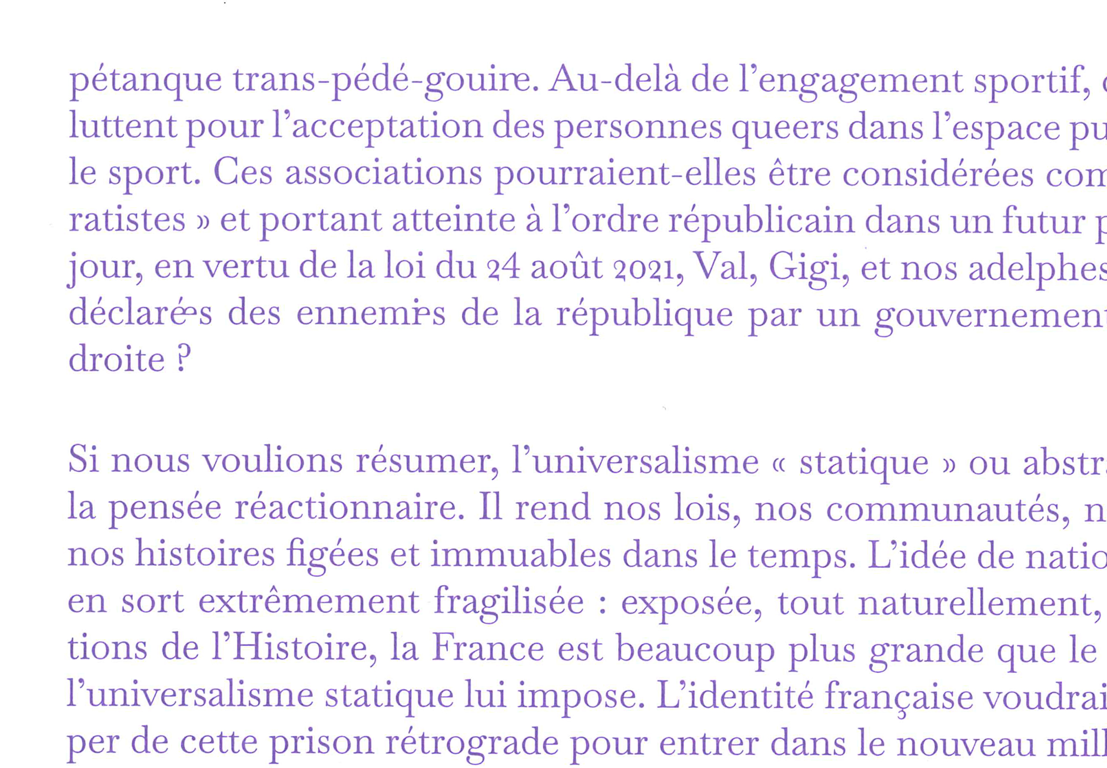 Détail d'une page du livre Manifeste pour une démocratie déviante avec des ligatures post-binaires