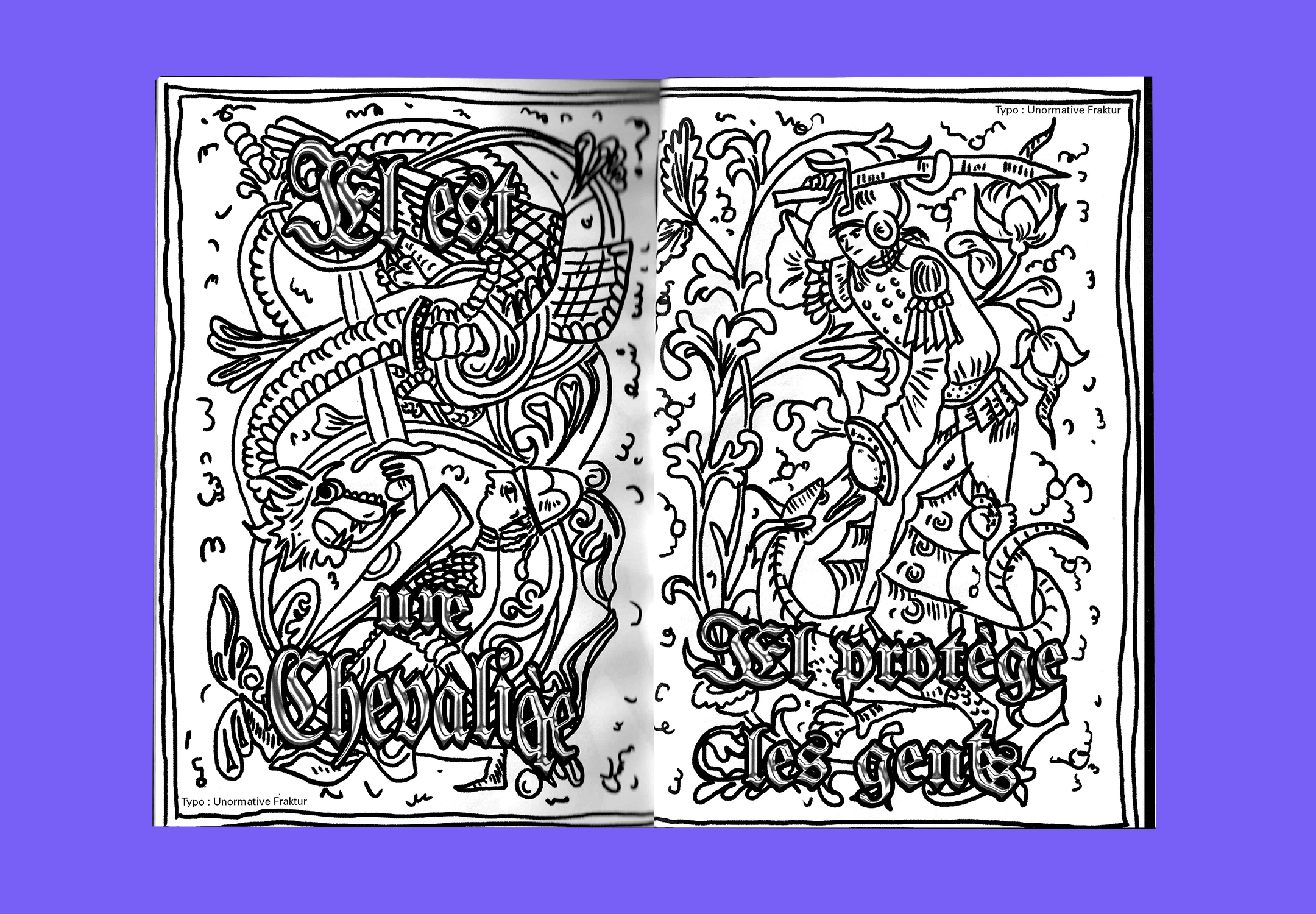 Double page intérieure contenant deux illustrations de chevalièr·es avec du texte en Fracktur.