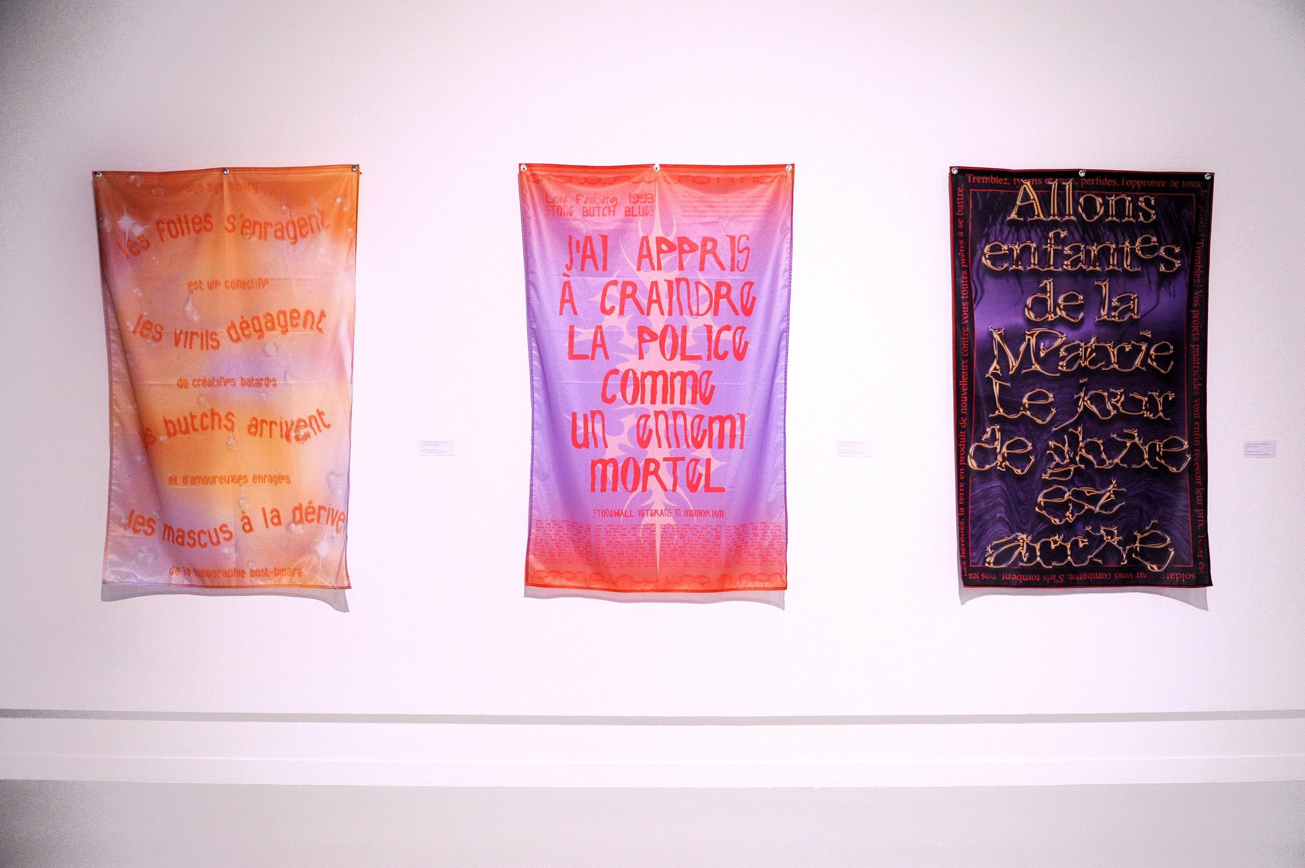 Vue de l'exposition Queer Rising avec les trois drapeaux Bye Bye Binary