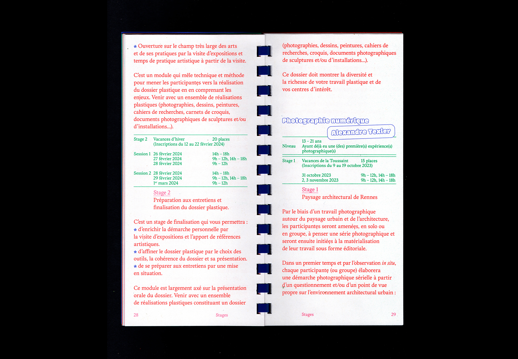 Page intérieure de la brochure des Cours Publics 23-24 de l'EESAB Site de Rennes
