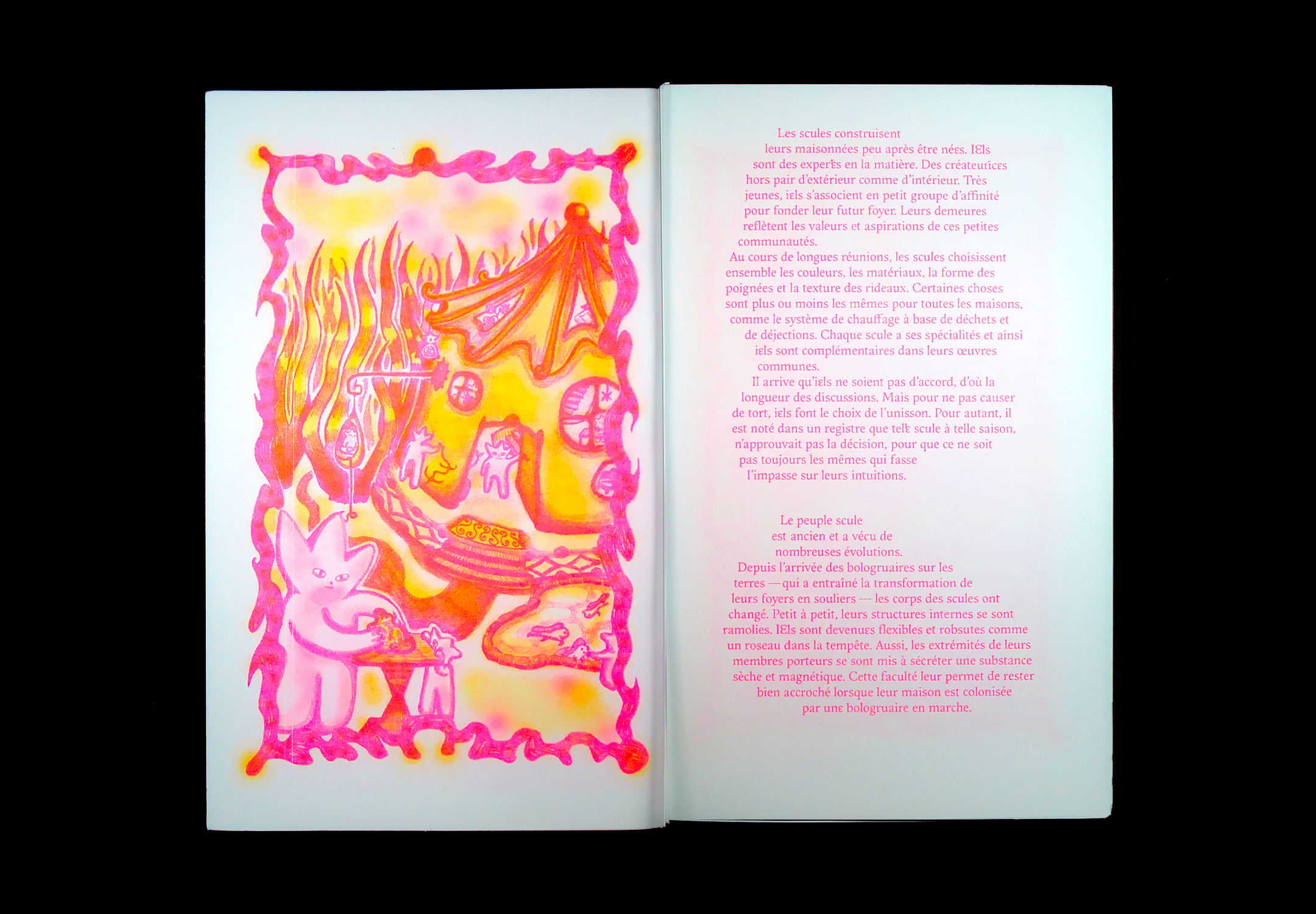 Double-page intérieure du fanzine avec texte et illustrations, rose et orange fluo.