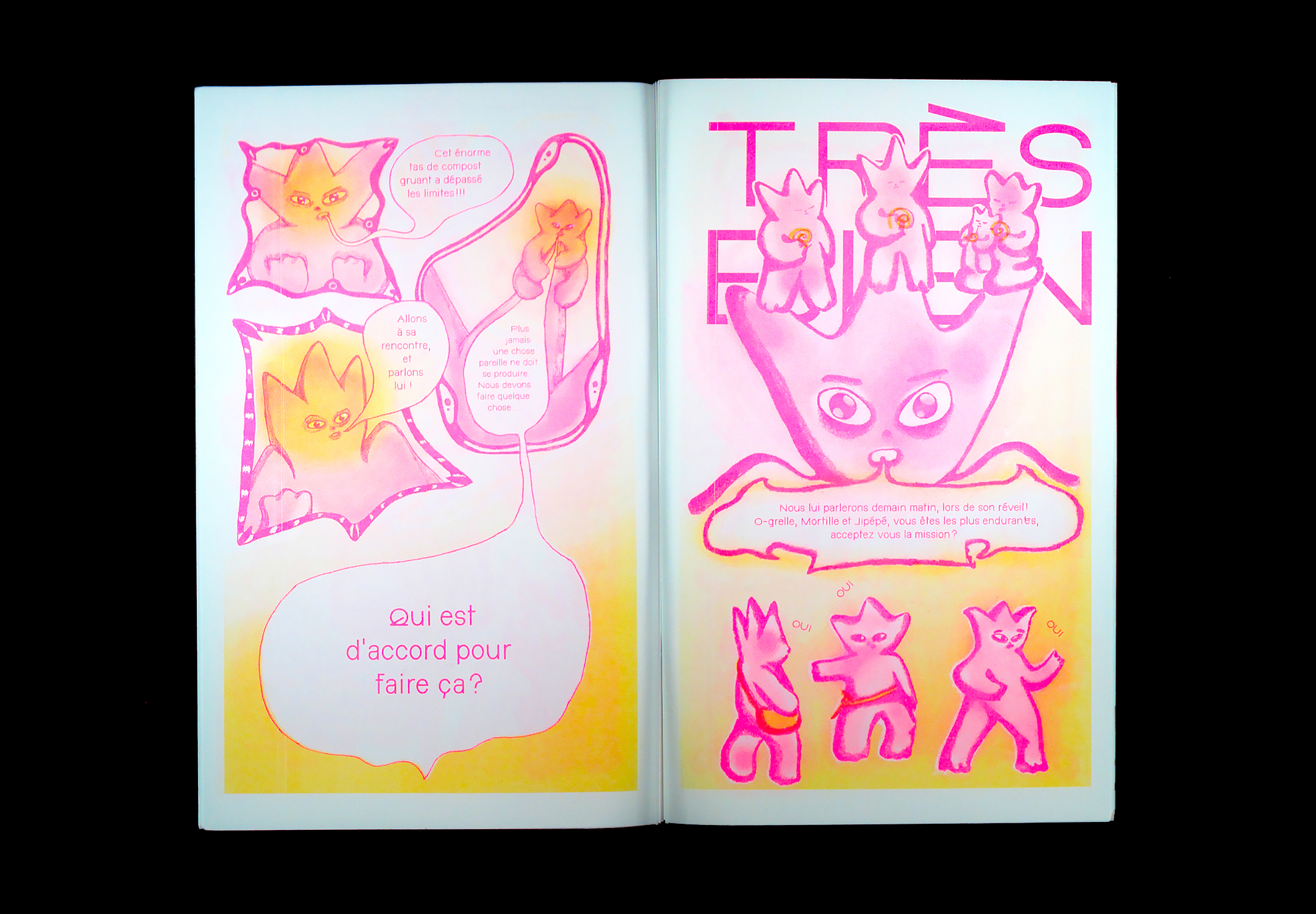 Double-page intérieure du fanzine avec texte et illustrations, rose et orange fluo.