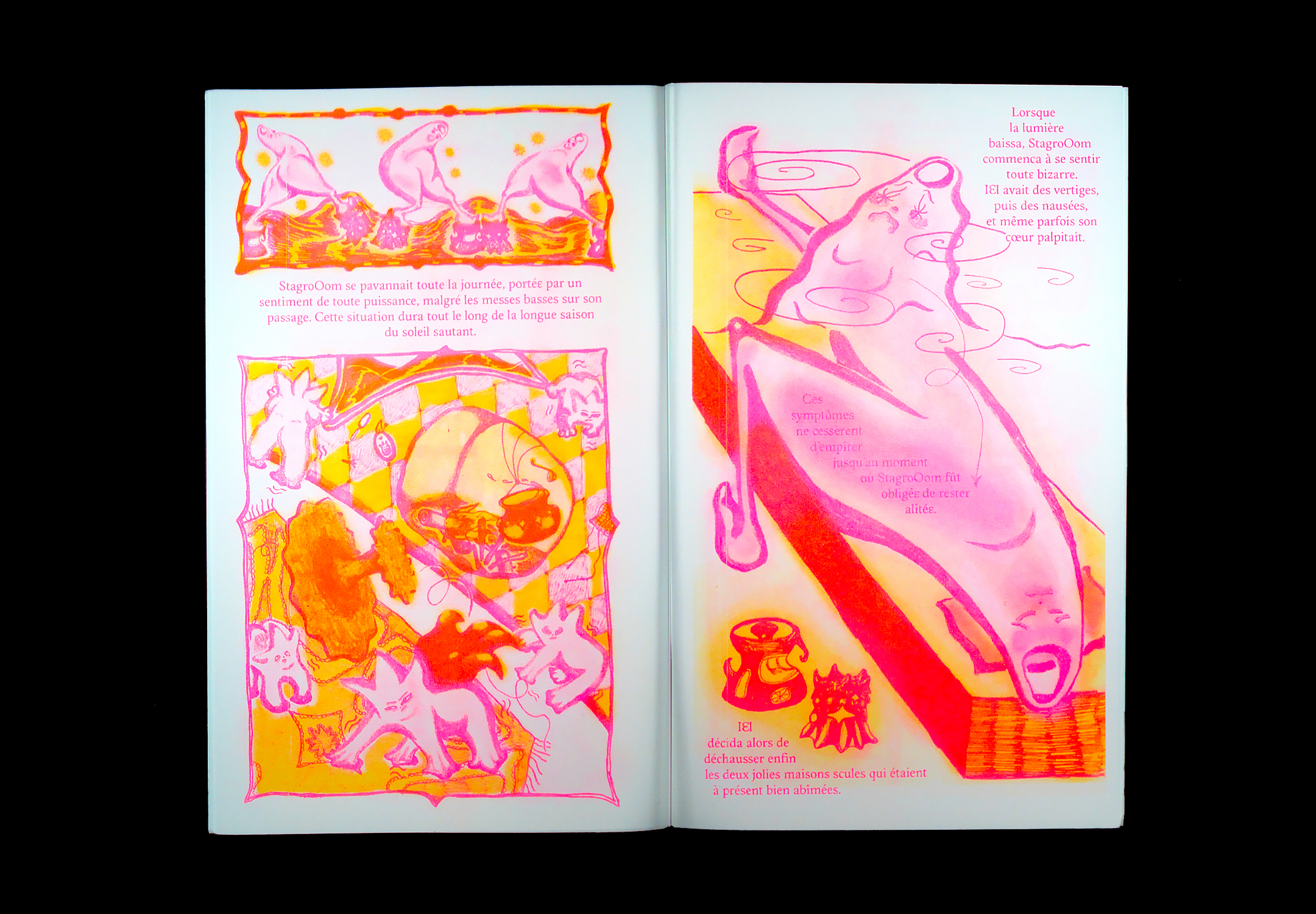 Double-page intérieure du fanzine avec texte et illustrations, rose et orange fluo.