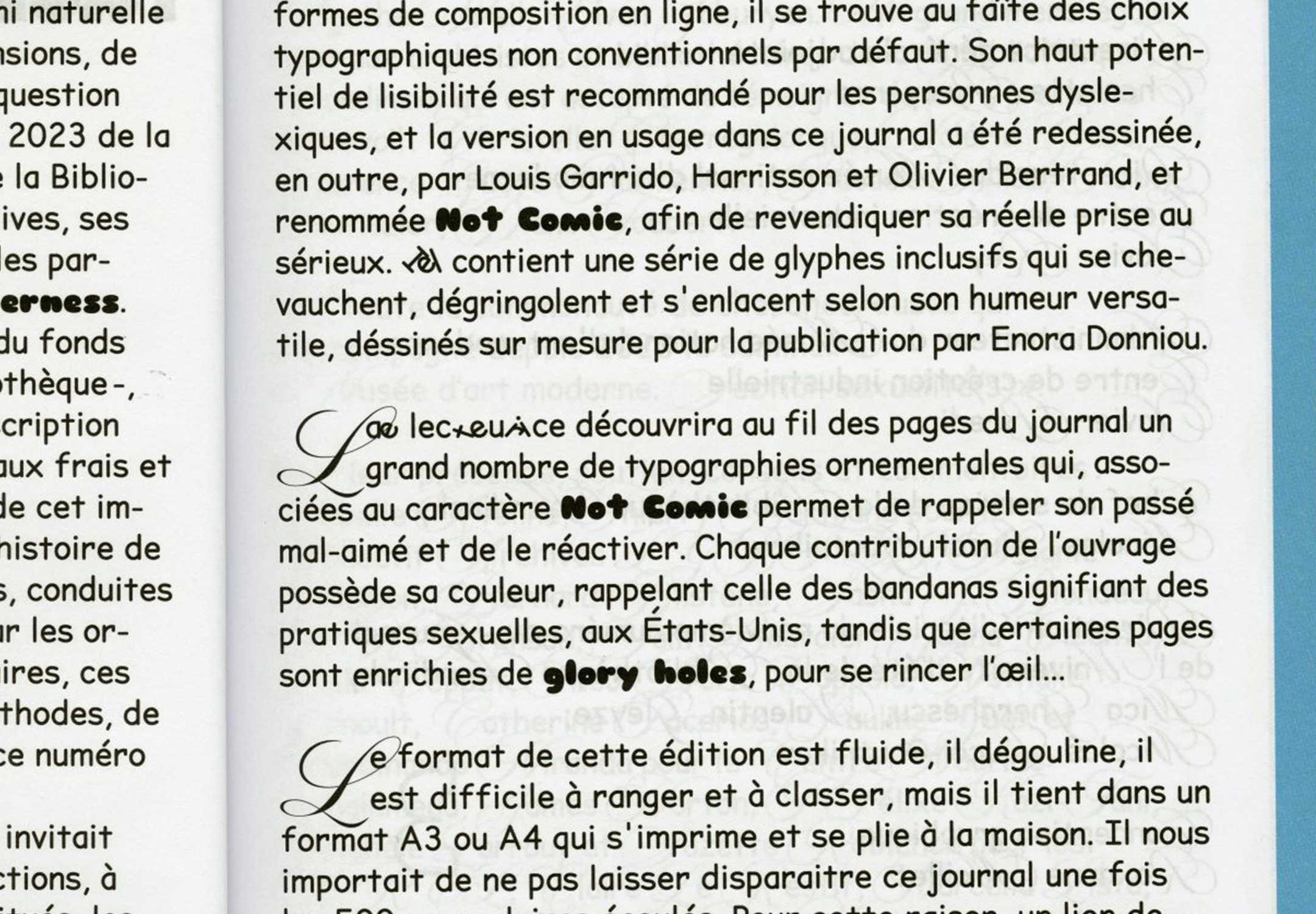 Détail d'une page du journal de l'Université d'été de la Bibliothèque Kandinsky, « "Draguer" le musée et ses sources : la queerness face aux archives », avec des ligatures post-binaires.