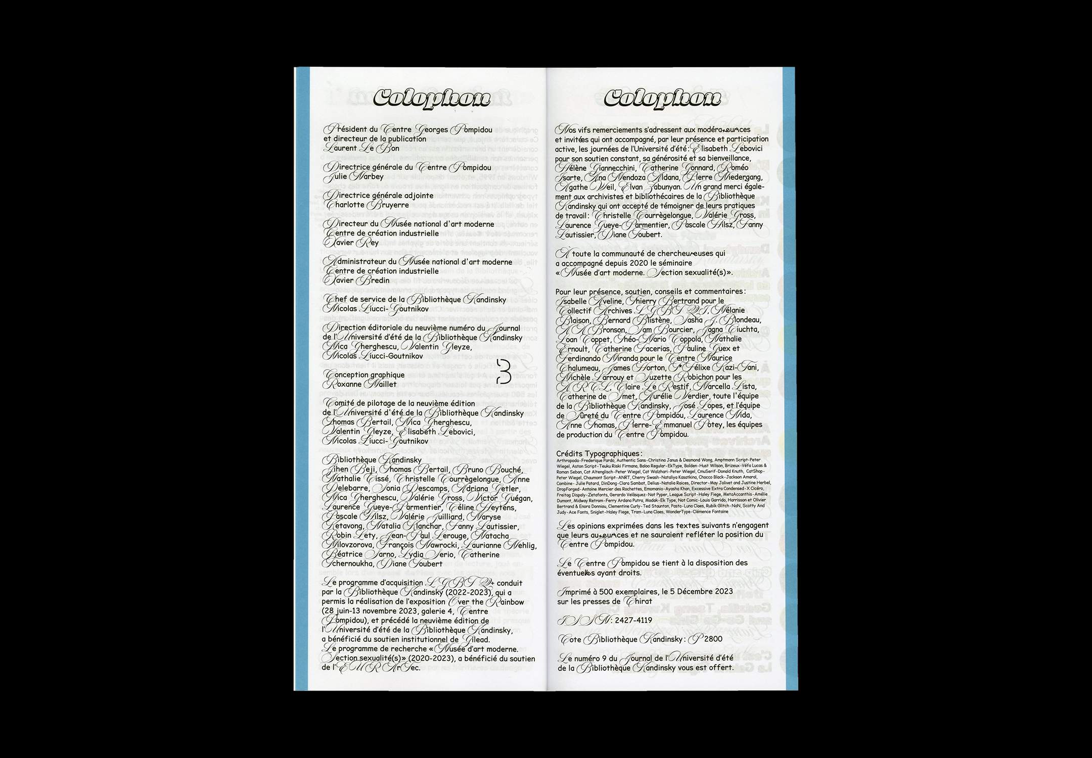 Colophon du journal de l'Université d'été de la Bibliothèque Kandinsky, « "Draguer" le musée et ses sources : la queerness face aux archives », n° 9.
