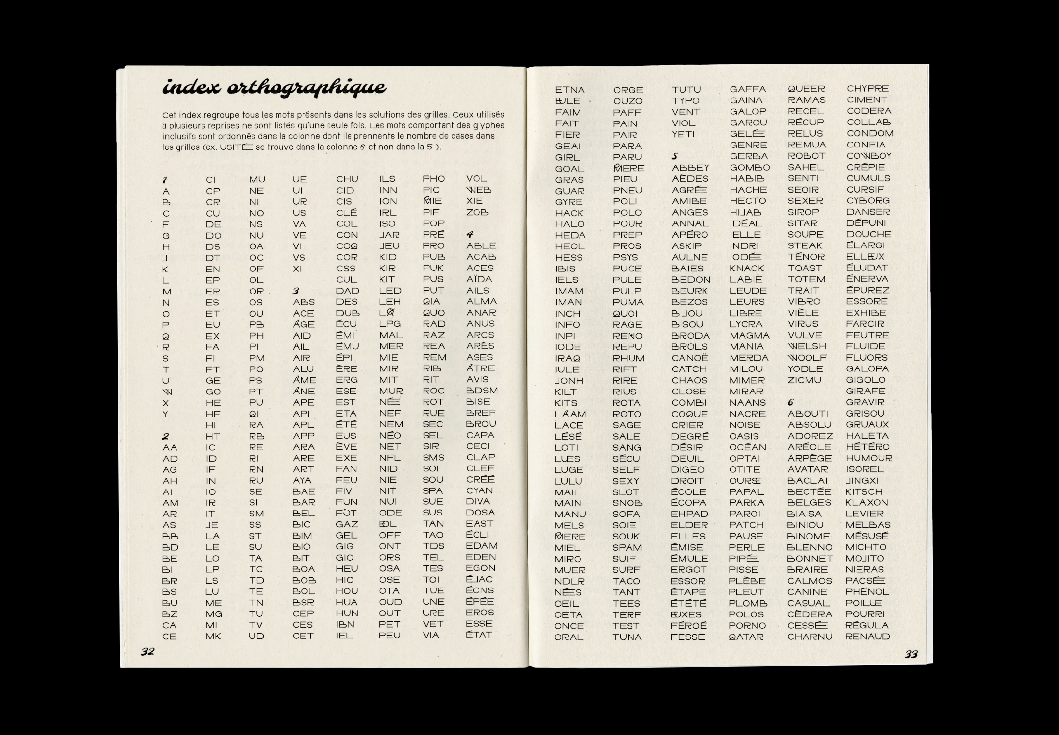 Double page présentant l'index, dans lequel on peut voir des mots utilisant des ligatures post-binaires.