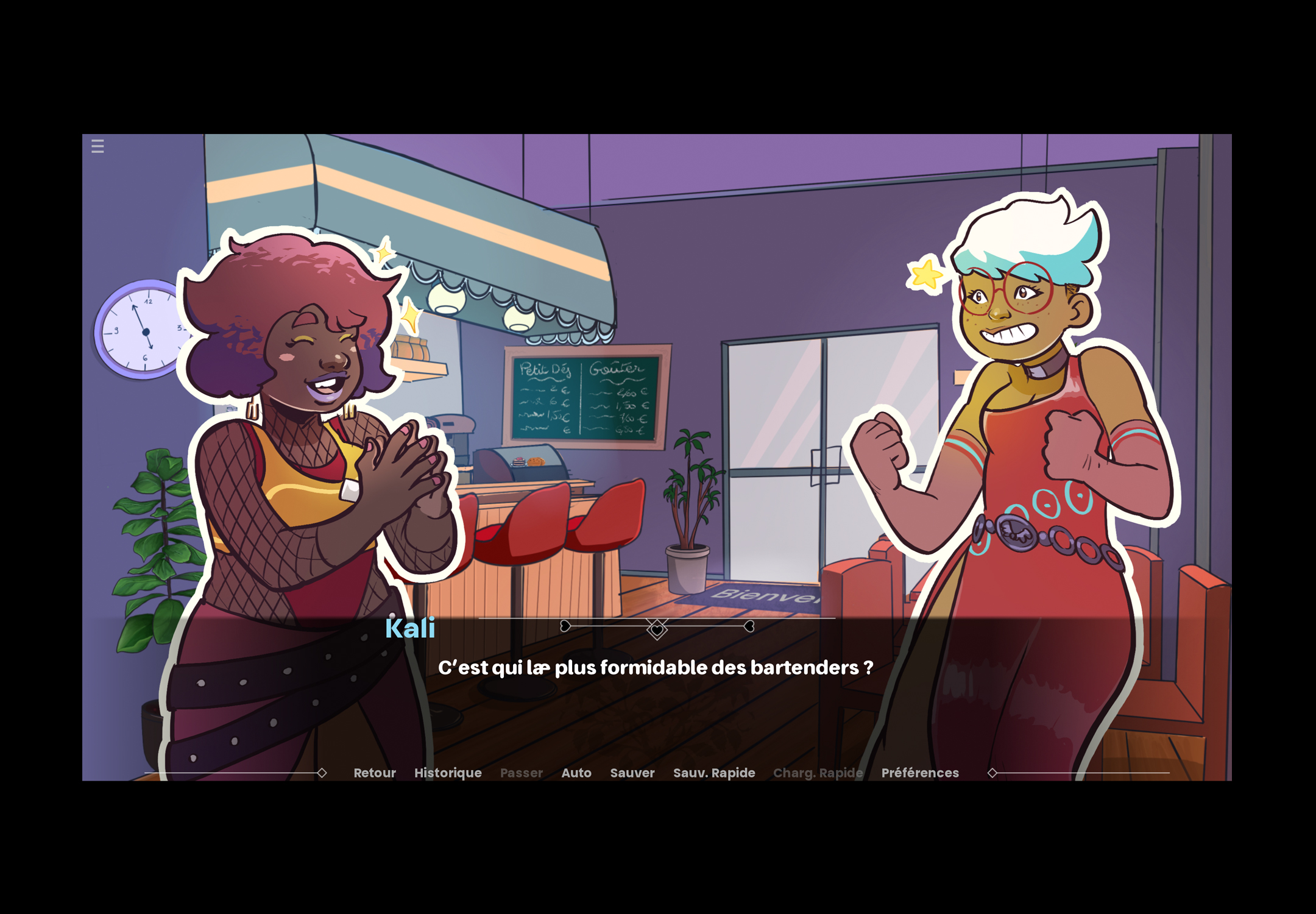 Image du jeu vidéo montrant deux personnes dans un bar. L'une d'elle dit : « C'est qui la·e plus formidable des bartenders ? »
