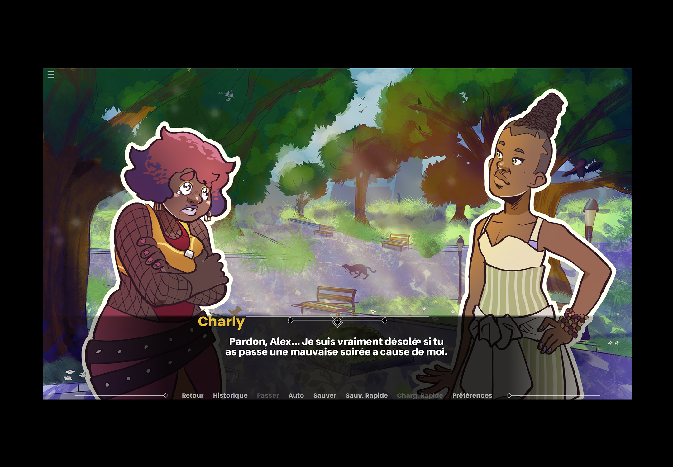 Image du jeu vidéo montrant deux personnes dans un parc, l'une d'elle a les larmes aux yeux et s'excuse que l'autre ait passé une mauvaise soirée à cause d'elle.