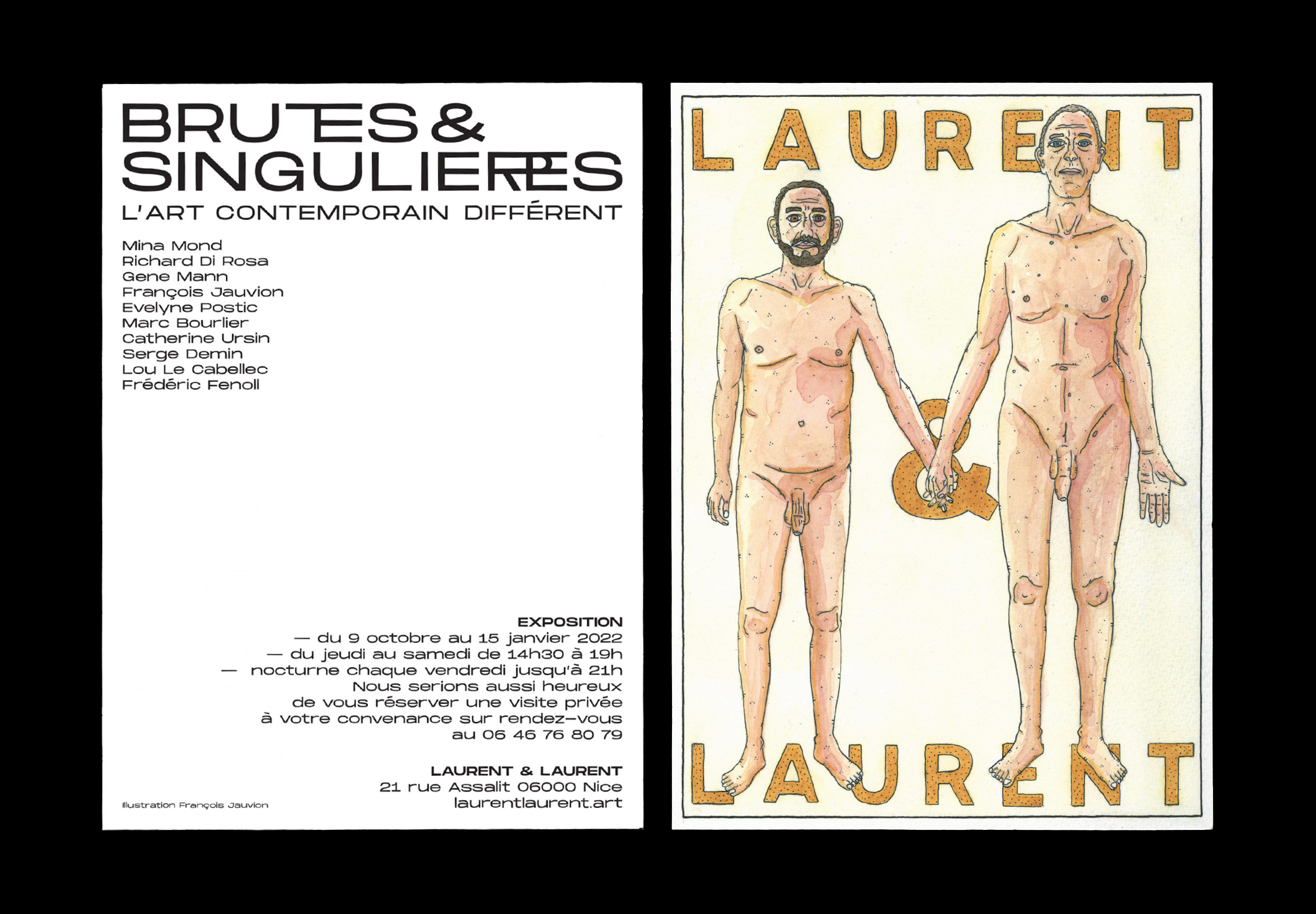 Vue recto-verso du carton d'invitation. Au rexto, du texte noir et au version une illustration de deux hommes nus.