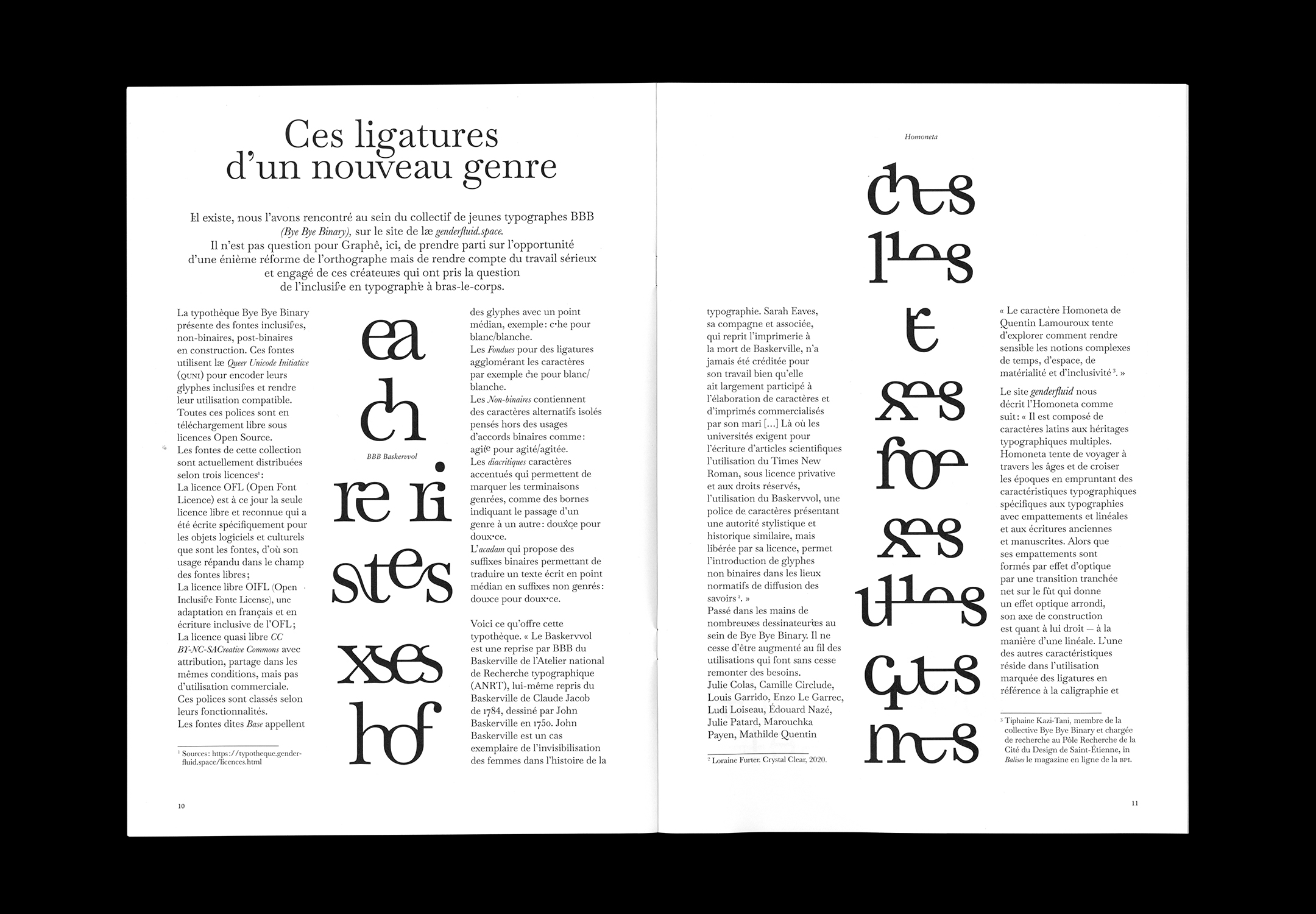 Double page intérieure du n°91 de la revue Graphê présentant des ligatures post-binaires en Homoneta.