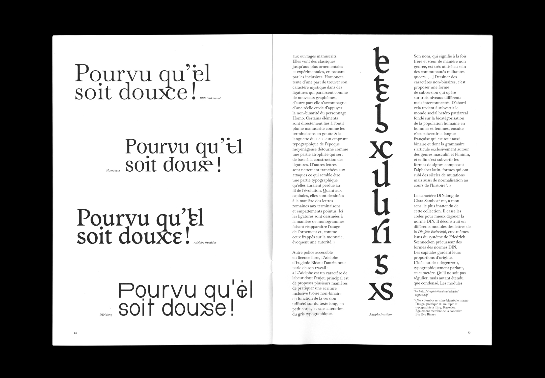Double page intérieure du n°91 de la revue Graphê présentant des ligatures post-binaires en Adelphe.