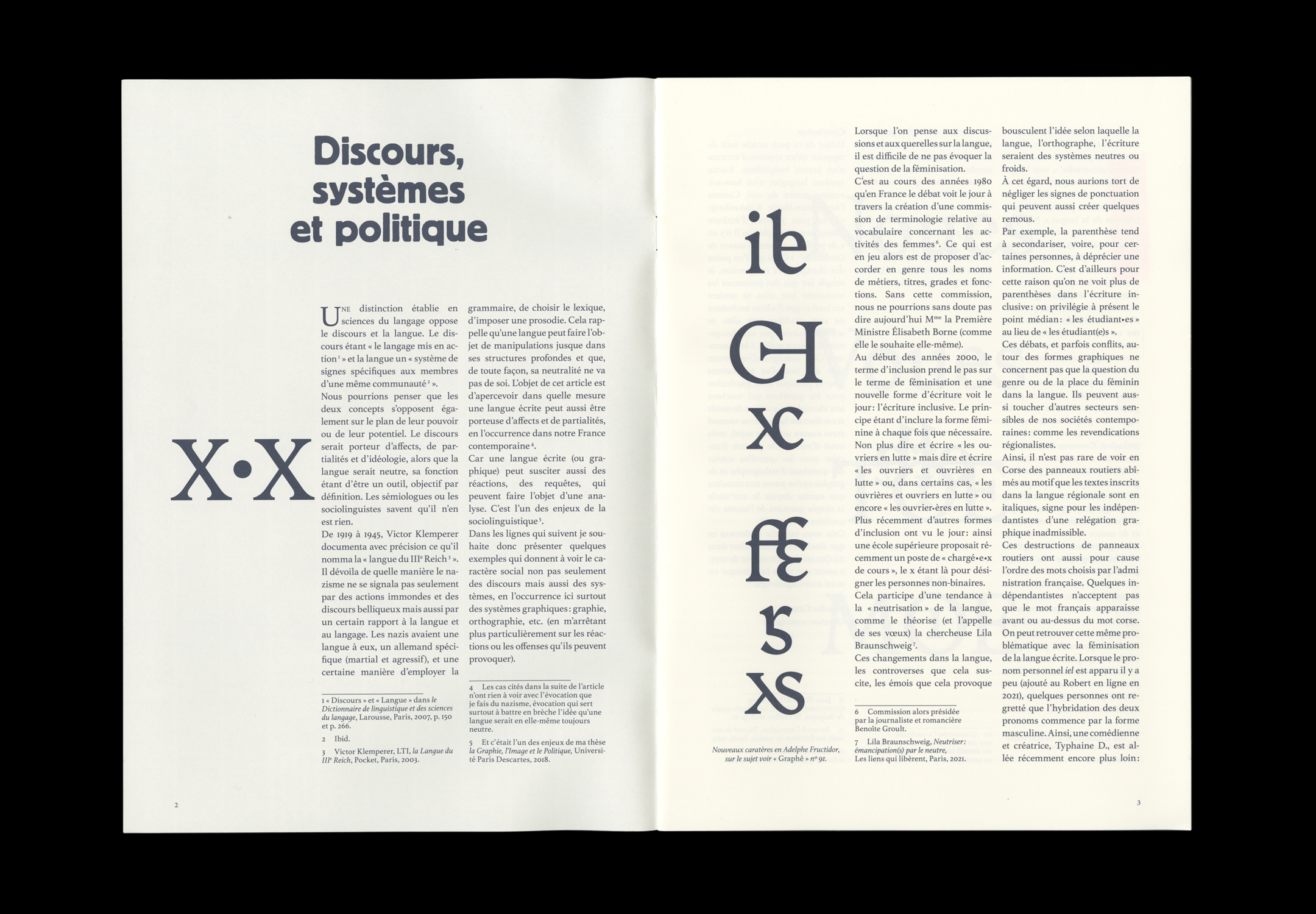 Double page intérieure du n°93 de la revue Graphê présentant des ligatures post-binaires en Adelphe.