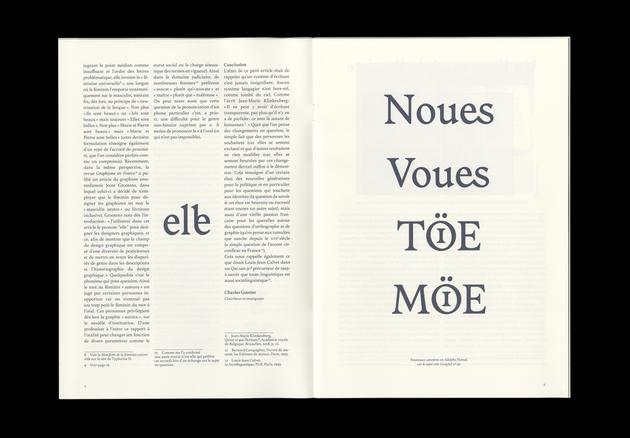 Double page intérieure du n°93 de la revue Graphê présentant des ligatures post-binaires en Adelphe.