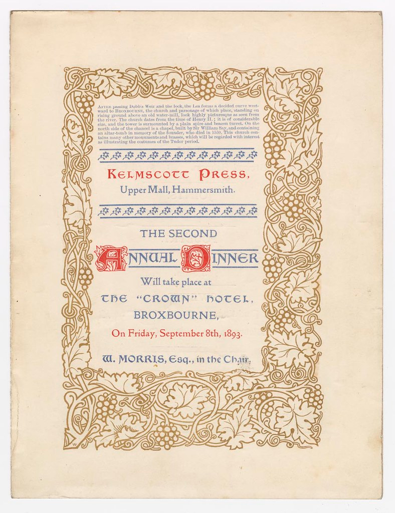William Morris: Dinner Menu, 1893) Kelmscott Press Annual Dinner Wayzegoose menu 1893 CC BY-NC-ND 2.0 Deed https://www.flickr.com/photos/digitalcollectionsum/6915873980