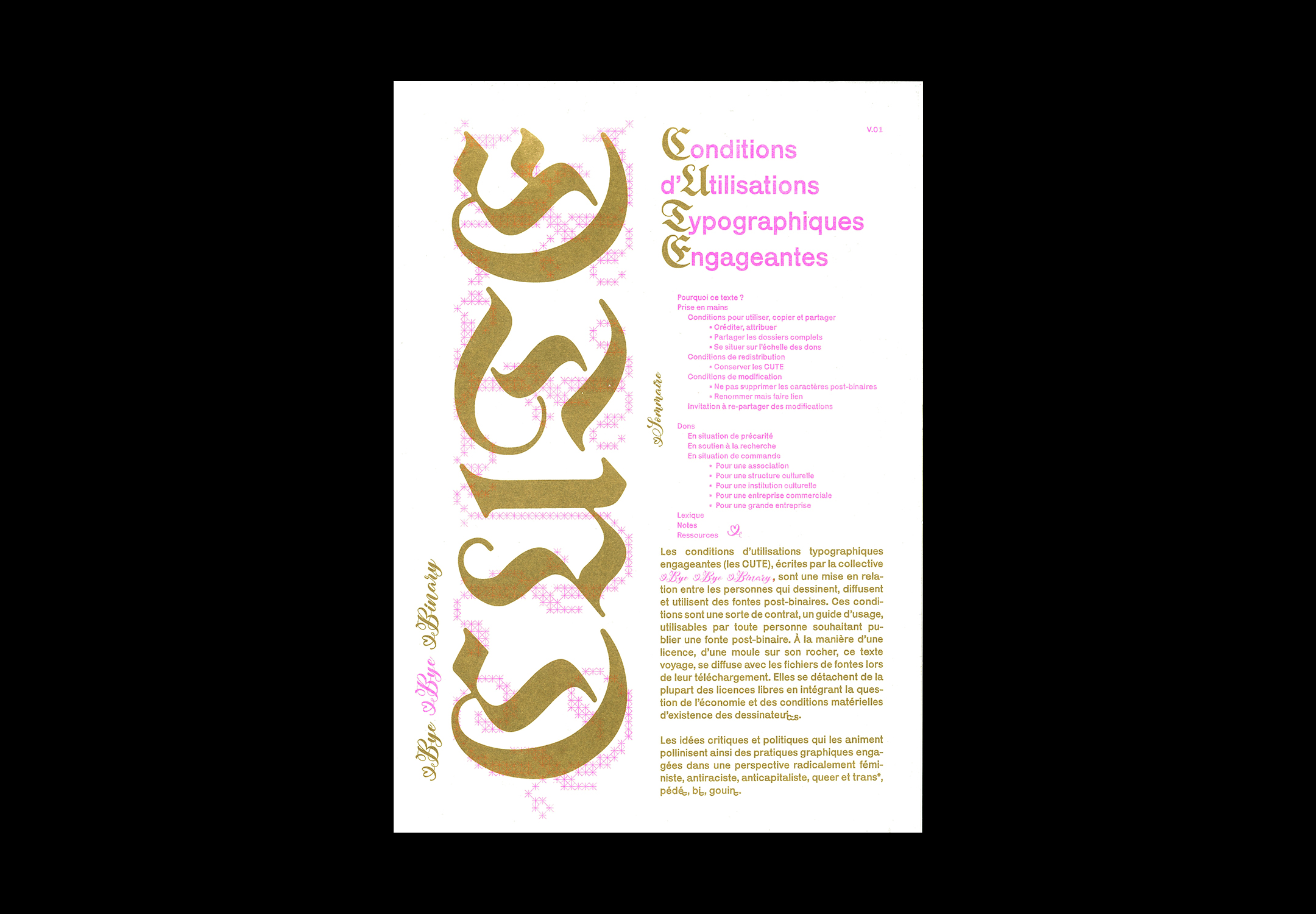 Couverture des CUTE (Conditions d'Utilisations Typographiques Engageantes). Impression rose et doré.