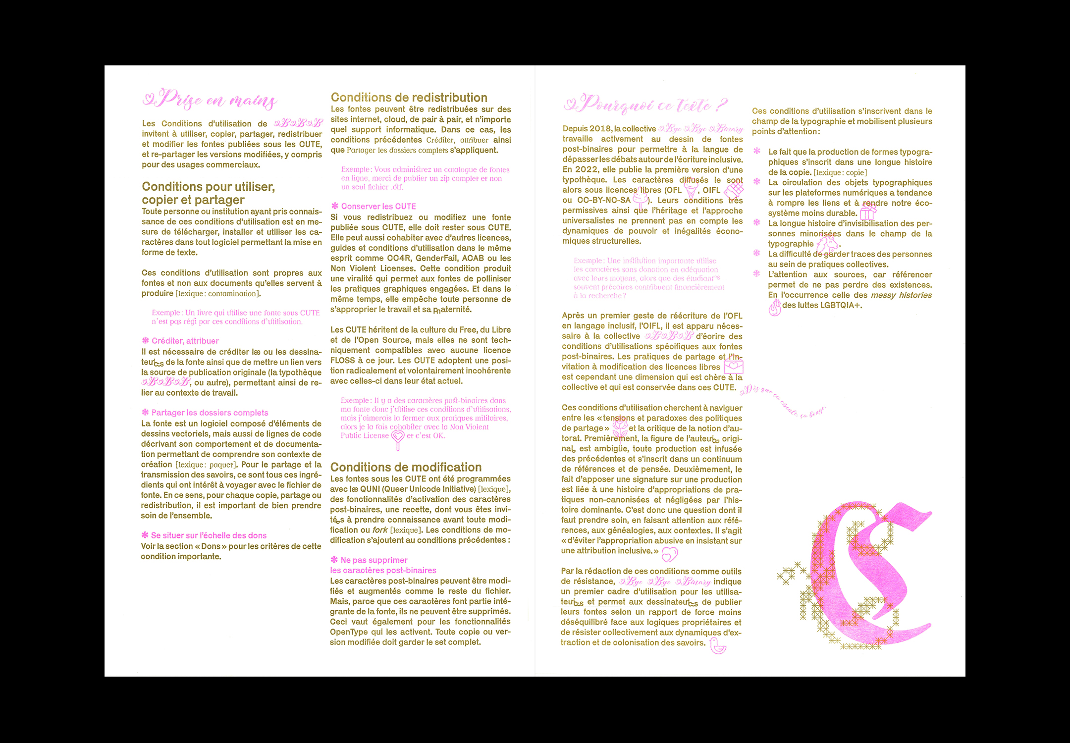 Double-page intérieure des CUTE (Conditions d'Utilisations Typographiques Engageantes). Impression rose et doré.