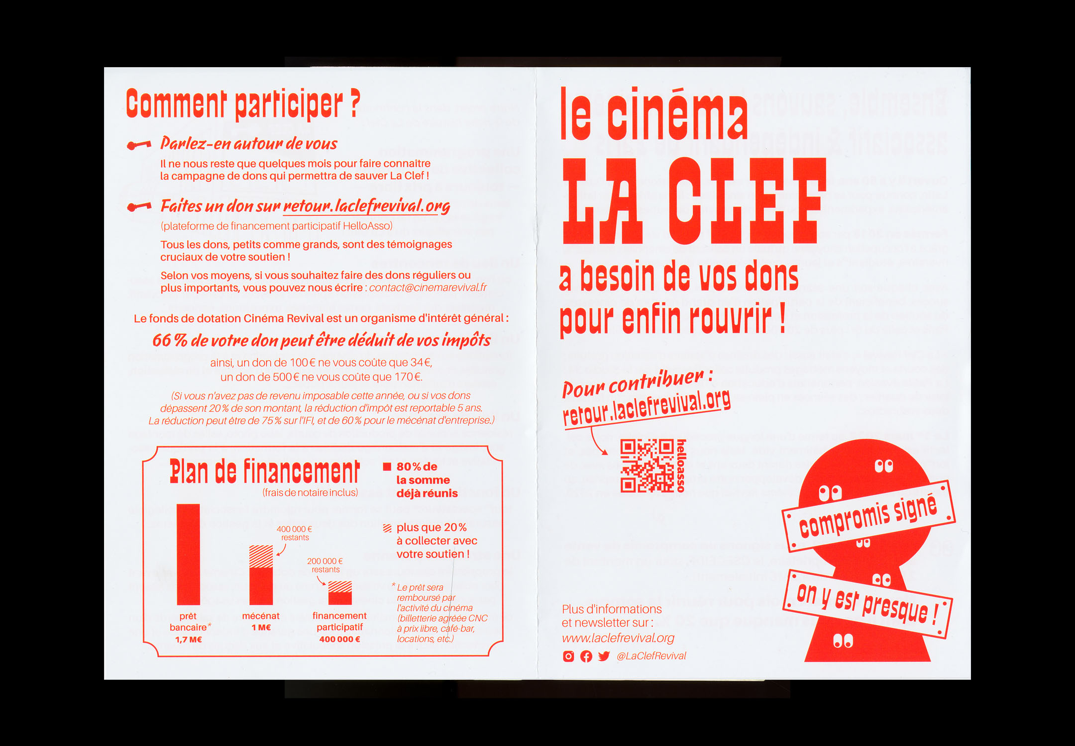 Tract déplié : la page de droite est couverture décrite précédemment, la page de gauche présente comment participer.