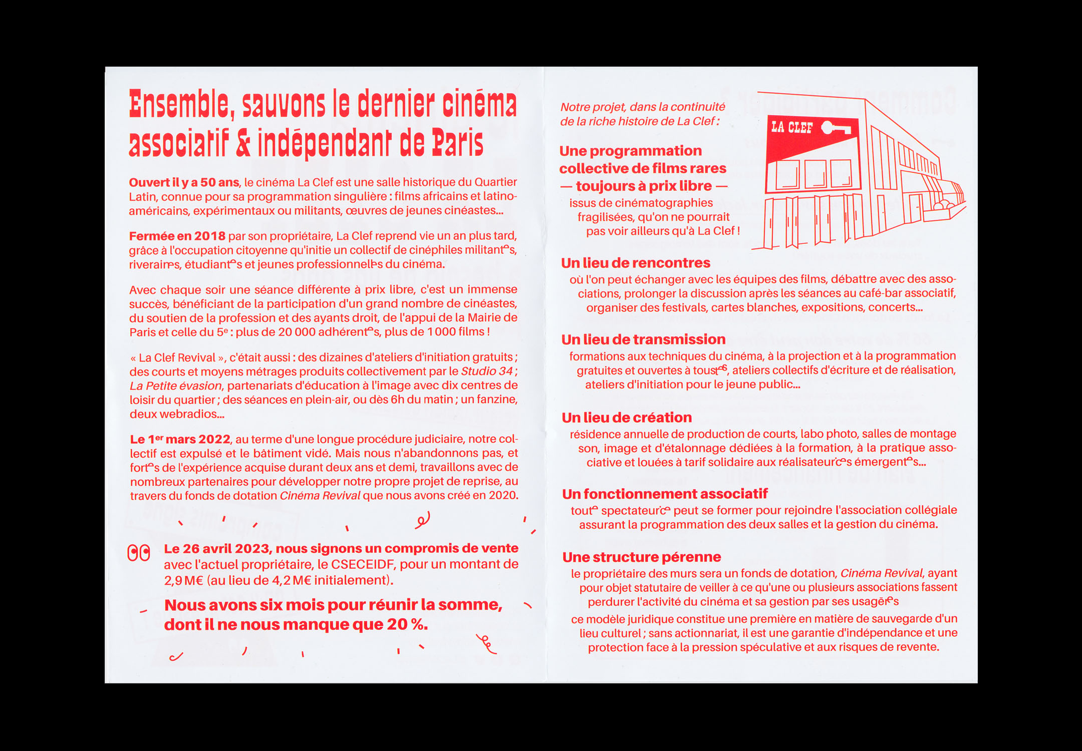 Verso du tract déplié sur lequel on peut lire l'historique du projet de cinéma occupé ainsi que son type de programmation. Mise en page : texte et dessins en rouge sur fond blanc.