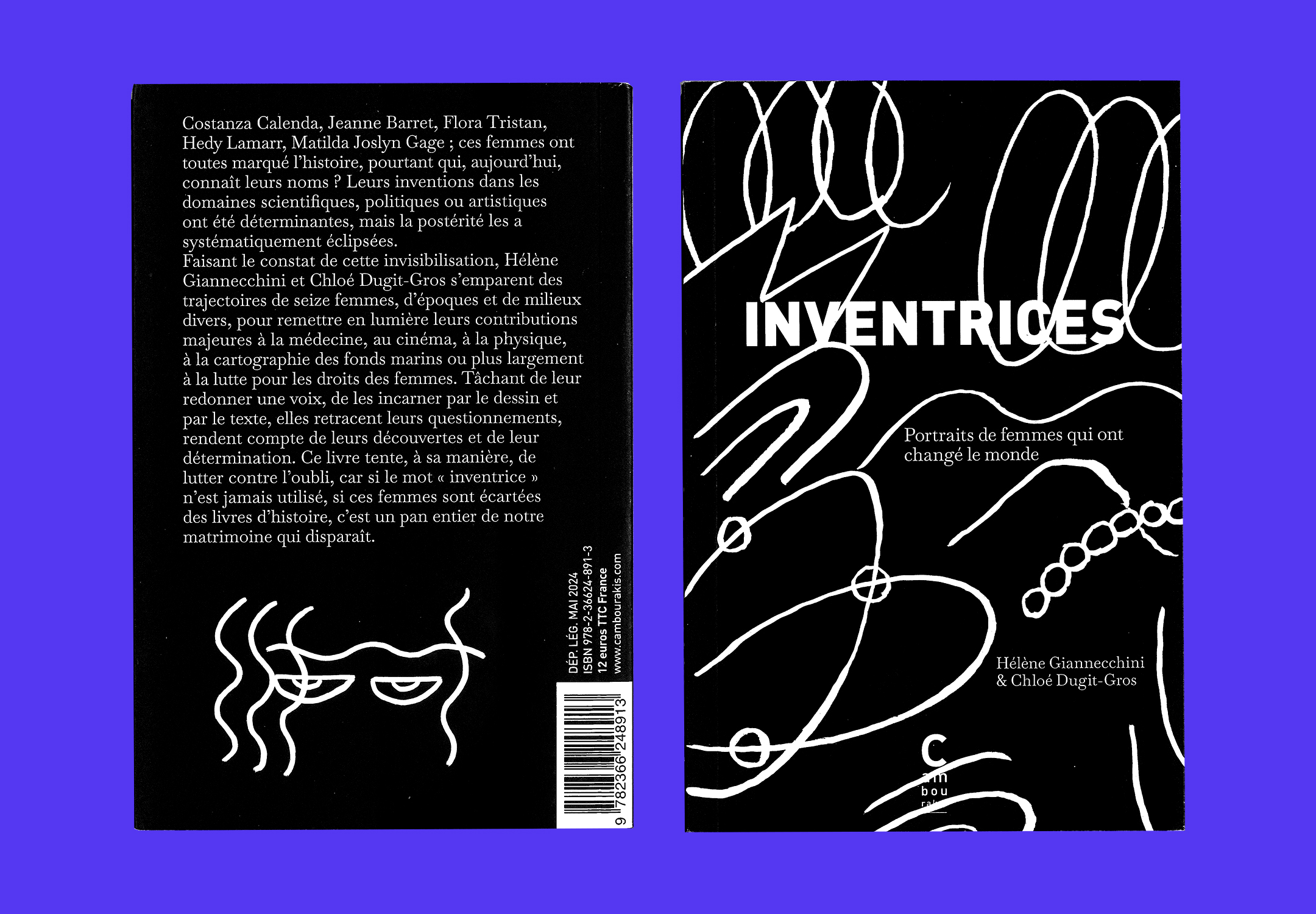 Couverture et quatrième de couverture du livre Inventrices. Couverture noire avec texte et illustration blanches.