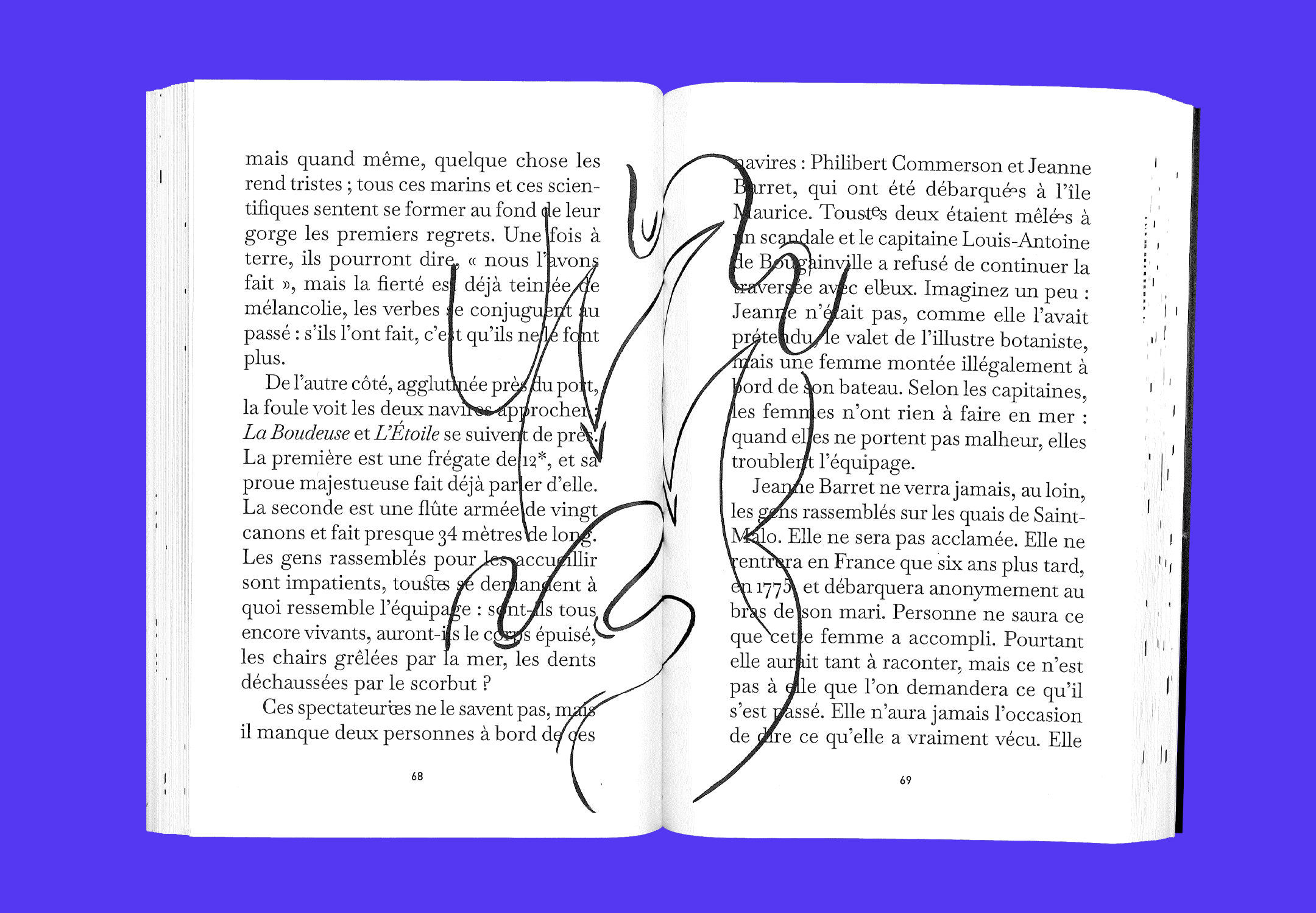 Double-page intérieure du livre. Une illustration abstraite parcourt le texte.