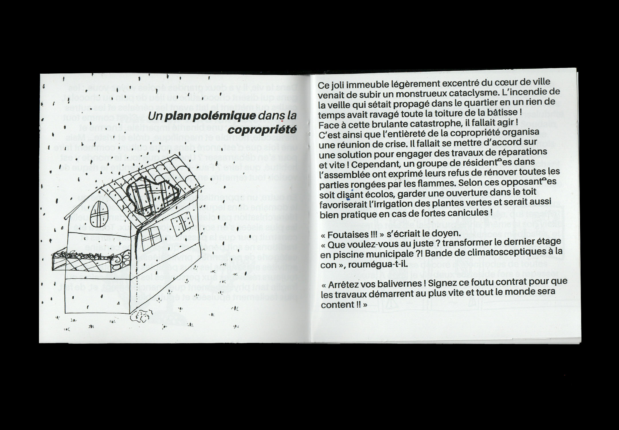 Vue d'une double page intérieure, à gauche une illustration et à droite du texte.