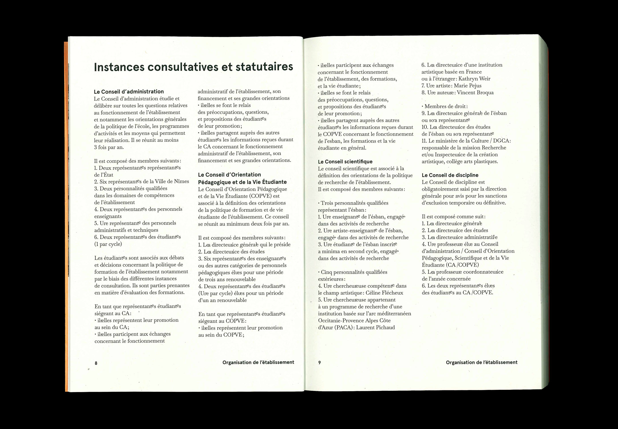 Double page du livret de l'étudiant·e sur instances consultatives et statutaires. Texte noir sur papier blanc.