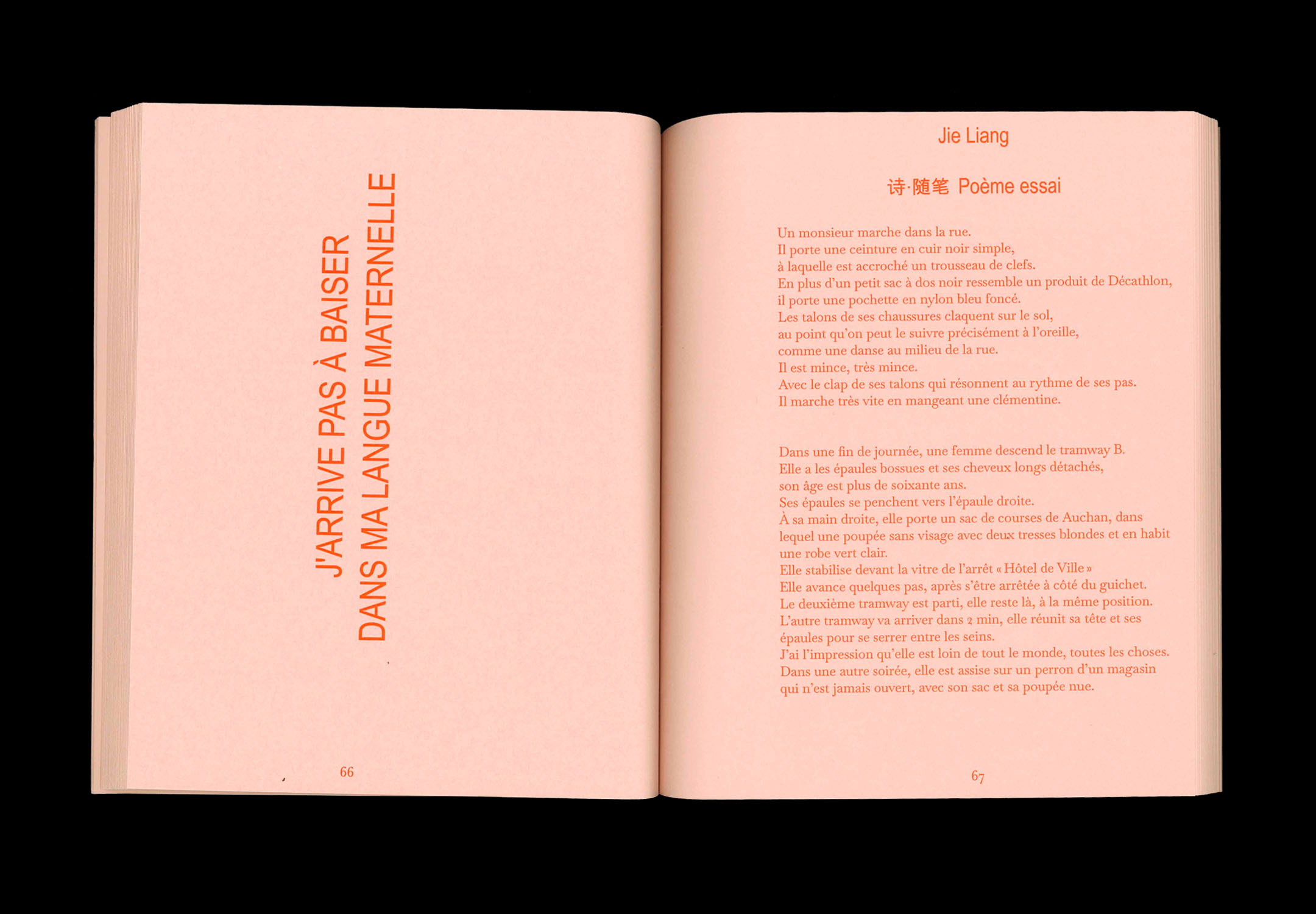 Double page de l'ouvrage. À gauche on voit un texte en grand à la verticale où il y a écrit : « J'arrive pas à baiser dans ma langue maternelle ». Texte rouge sur fond rose.