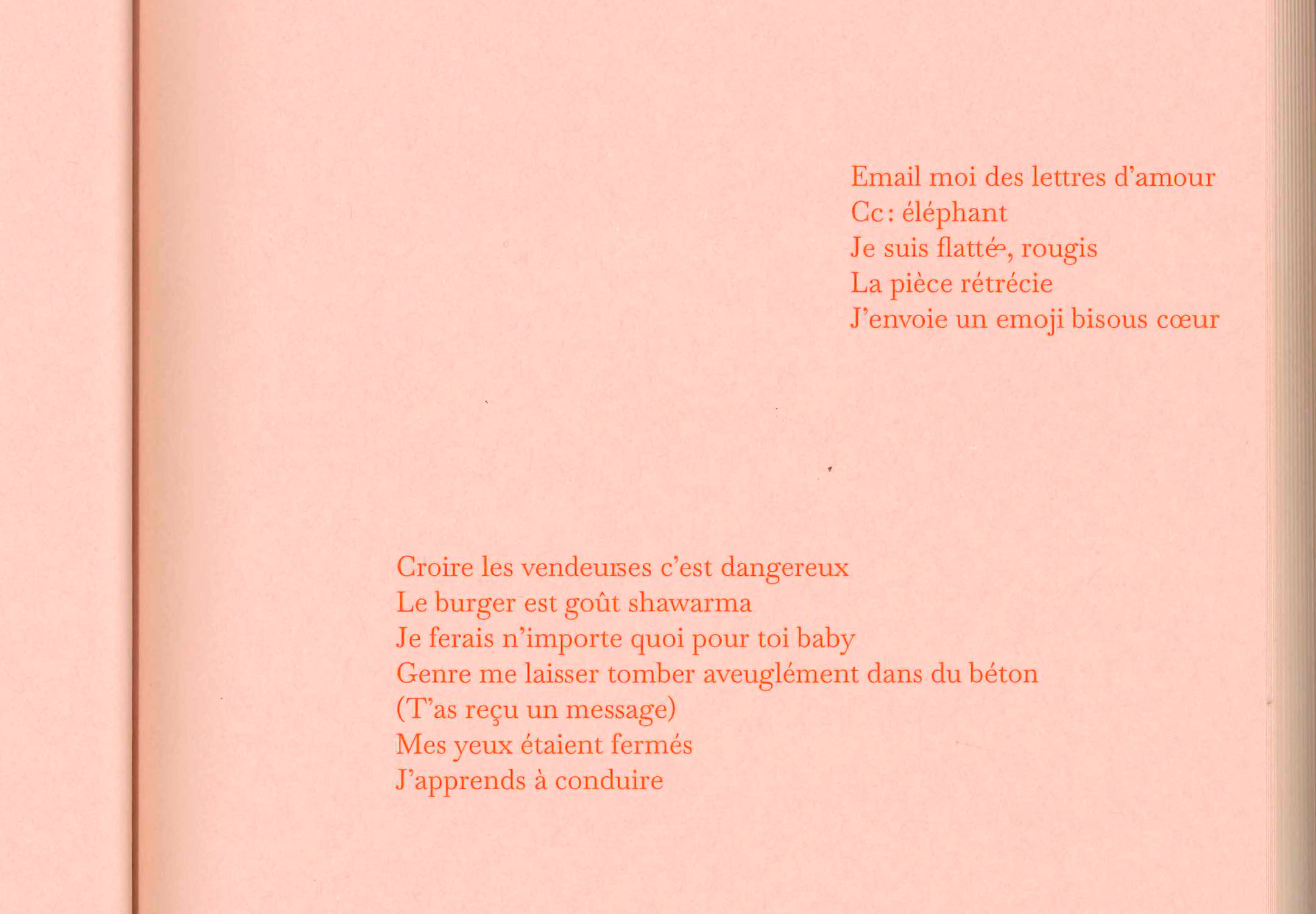 Focus sur les glyphes inclusifs. La mise en page reprend une conversation de type SMS. Texte rouge sur fond rose.