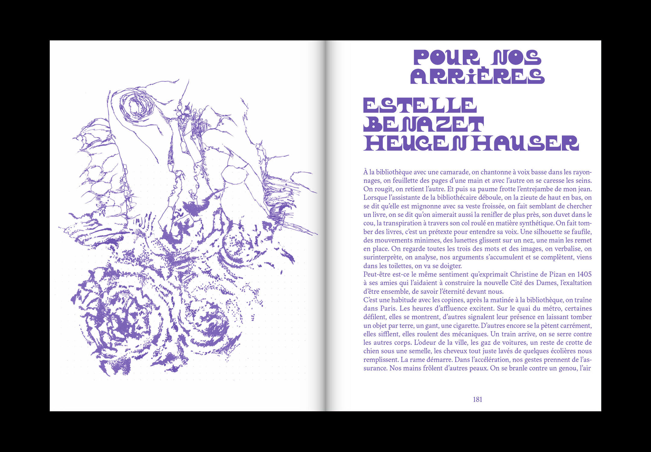 Double page de l'ouvrage : dessin sur la page de gauche, titre dessiné la main et texte courant en violet, papier blanc.