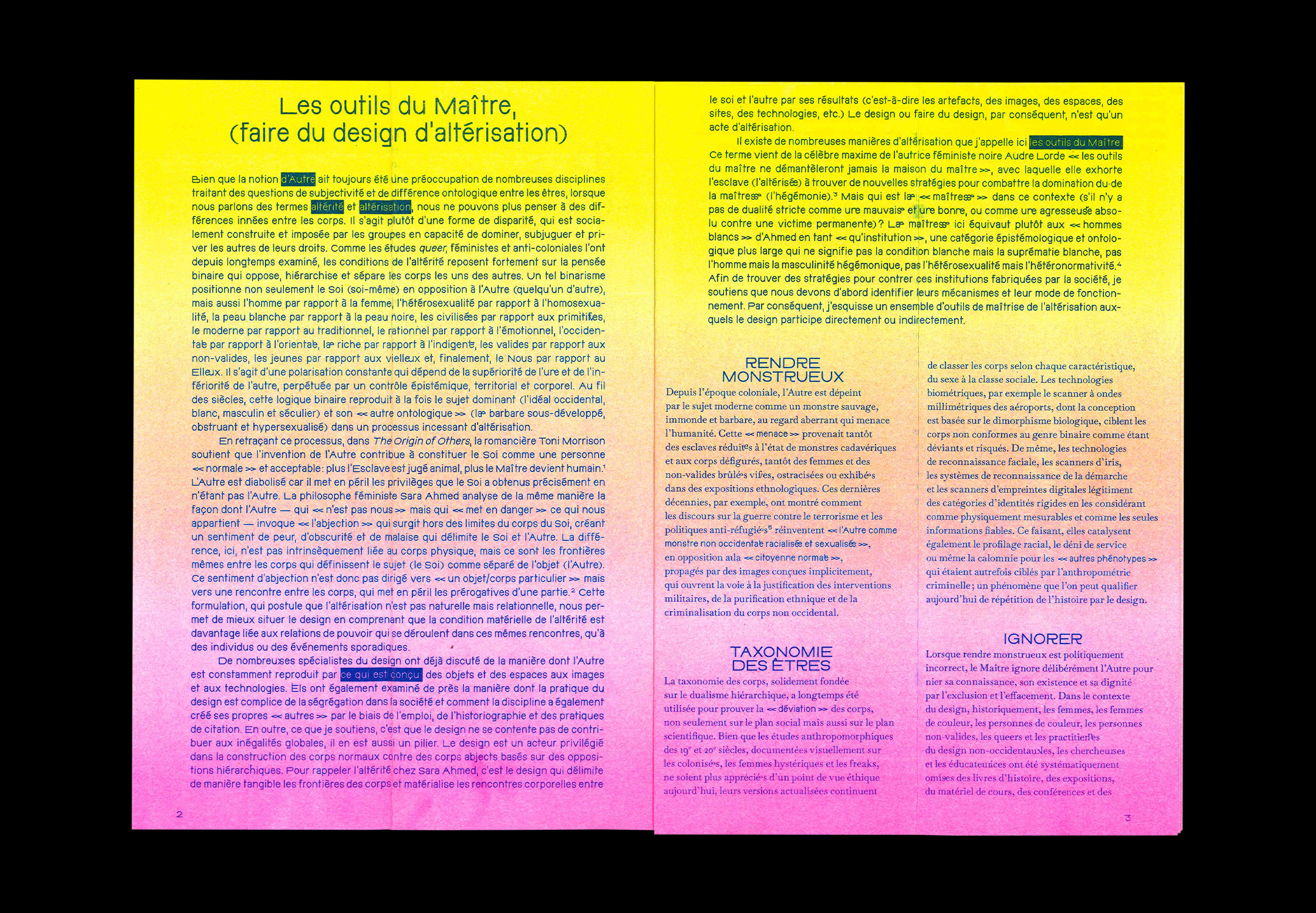 Double page du texte de Ece Canli, Les outils du Maître, les outils du Monstre