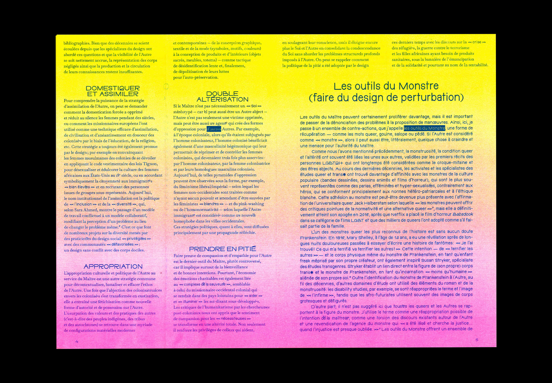 Double page du texte de Ece Canli, Les outils du Maître, les outils du Monstre