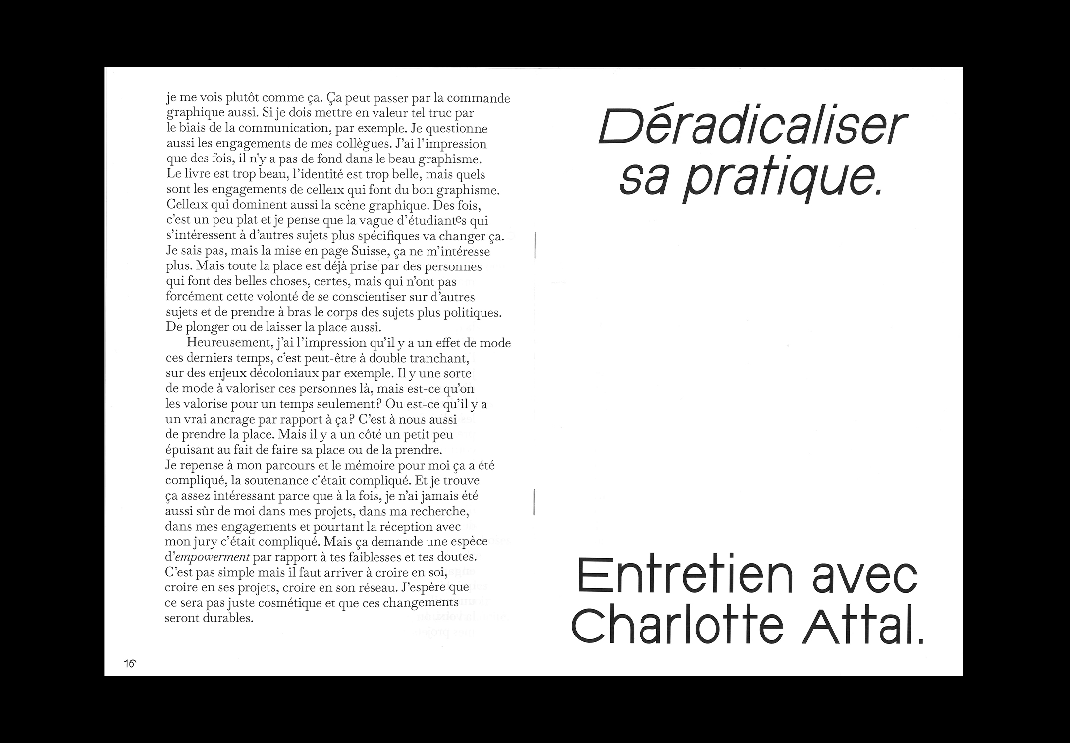 Première et quatrième de couverture du livret Déradicaliser sa pratique. Entretien avec Charlotte Attal.