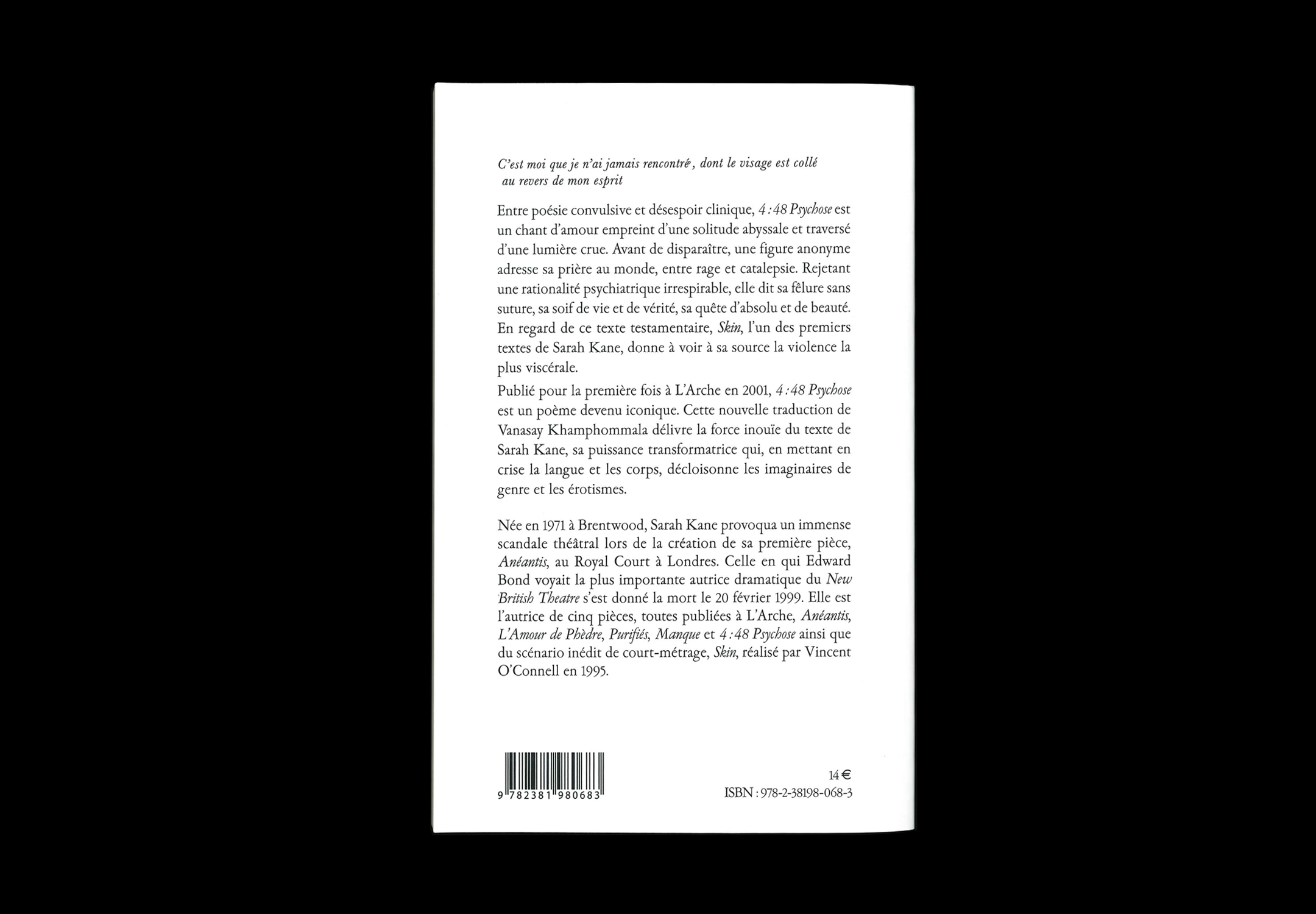 Dernière de couverture du livre 4:48 Psychose de Sarah Kane