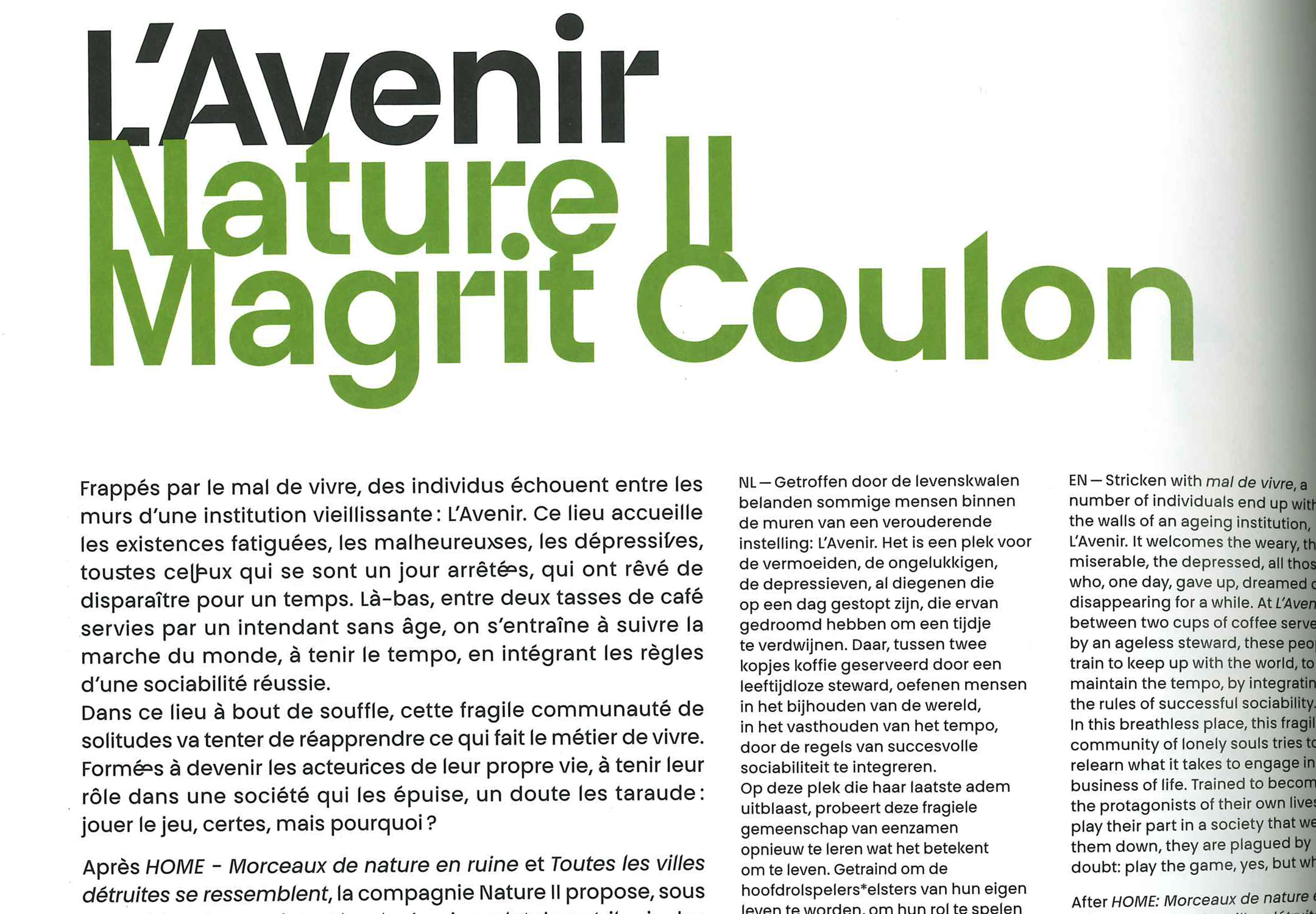 Détail d'une double page intérieure de la brochure de saison du Théâtre National Wallonie-Bruxelles, 2024-2025
