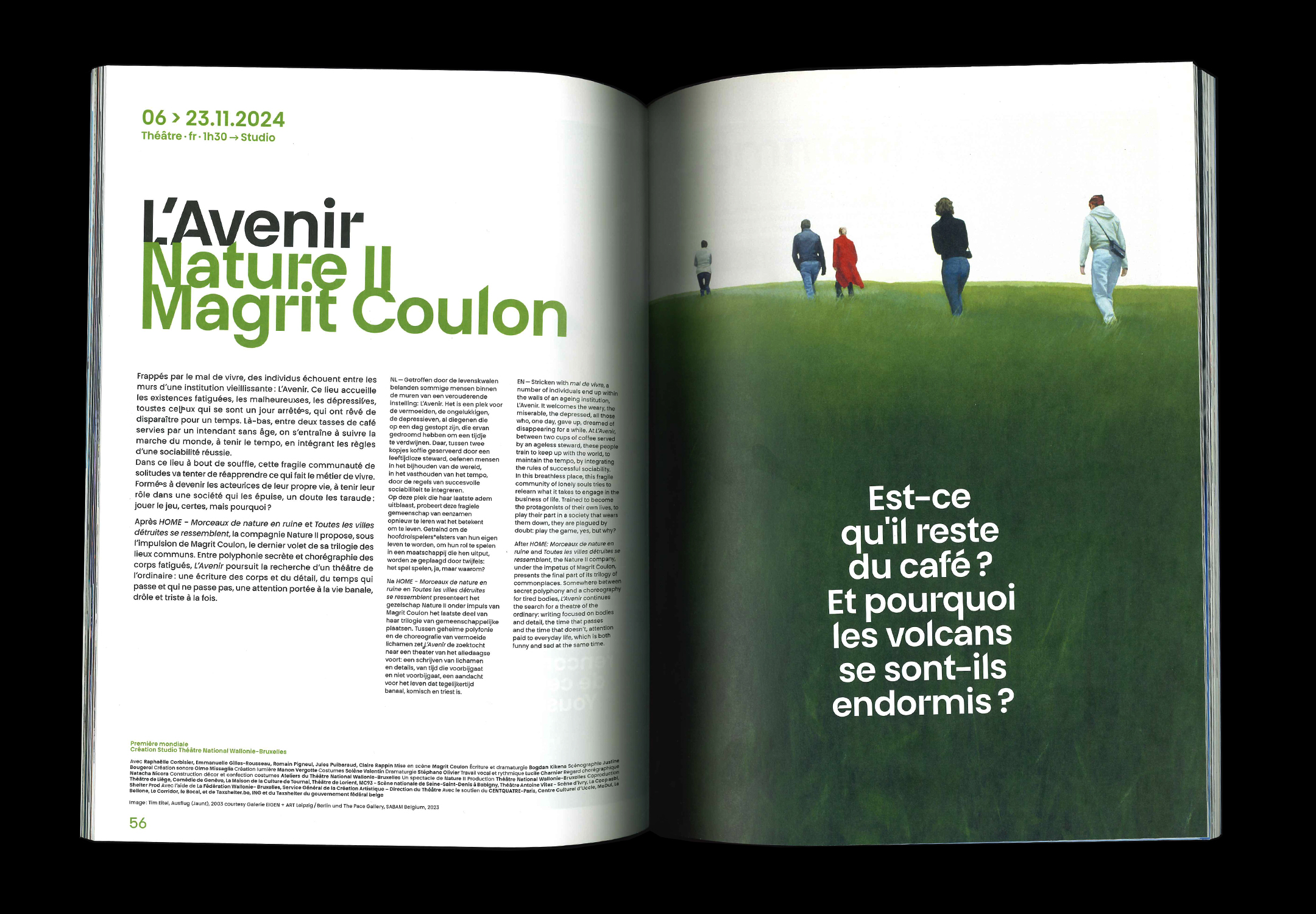 Double page intérieure de la brochure de saison du Théâtre National Wallonie-Bruxelles, 2024-2025