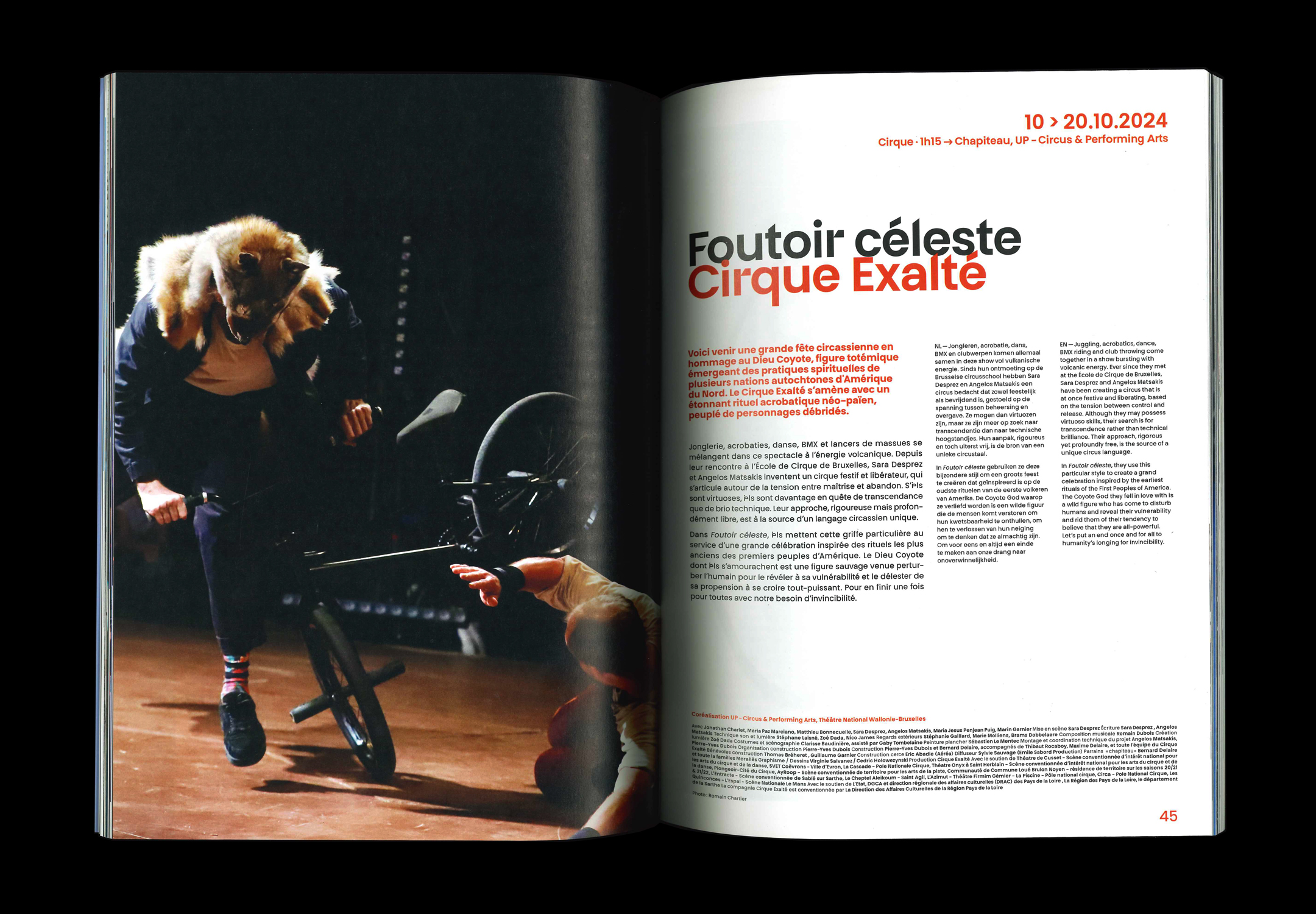 Double page intérieure de la brochure de saison du Théâtre National Wallonie-Bruxelles, 2024-2025