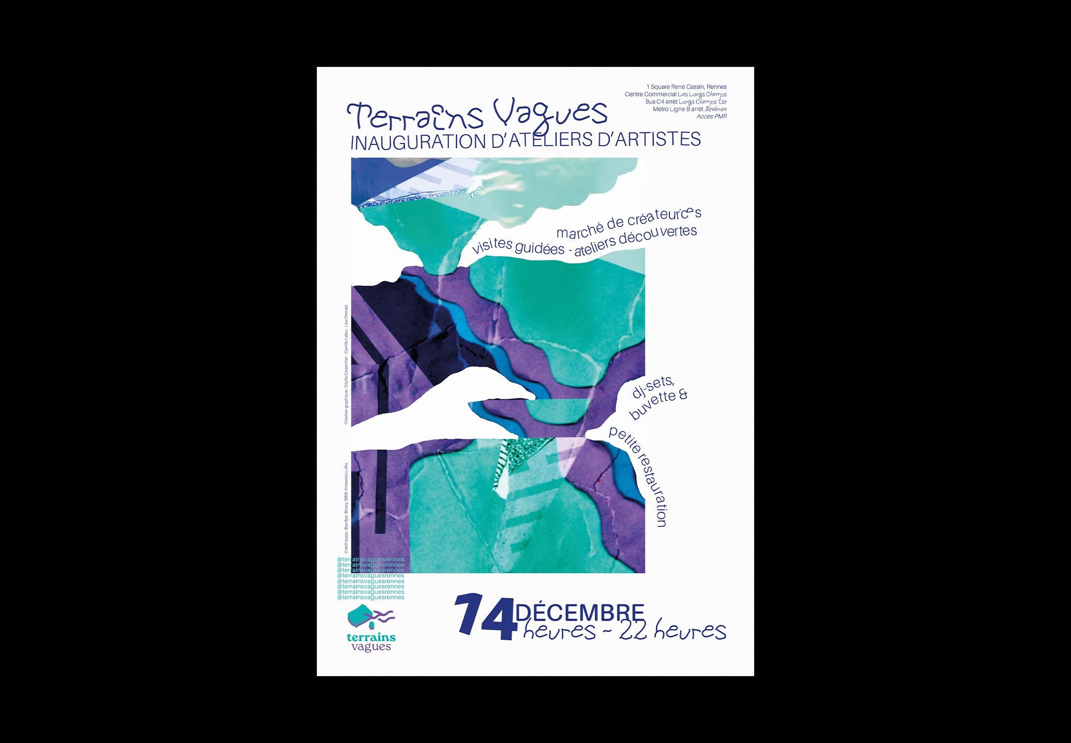 Affiche composée d'une image abstraite dans les tons violets et verts, et texte bleu, annonçant l’inauguration d'ateliers d'artistes.