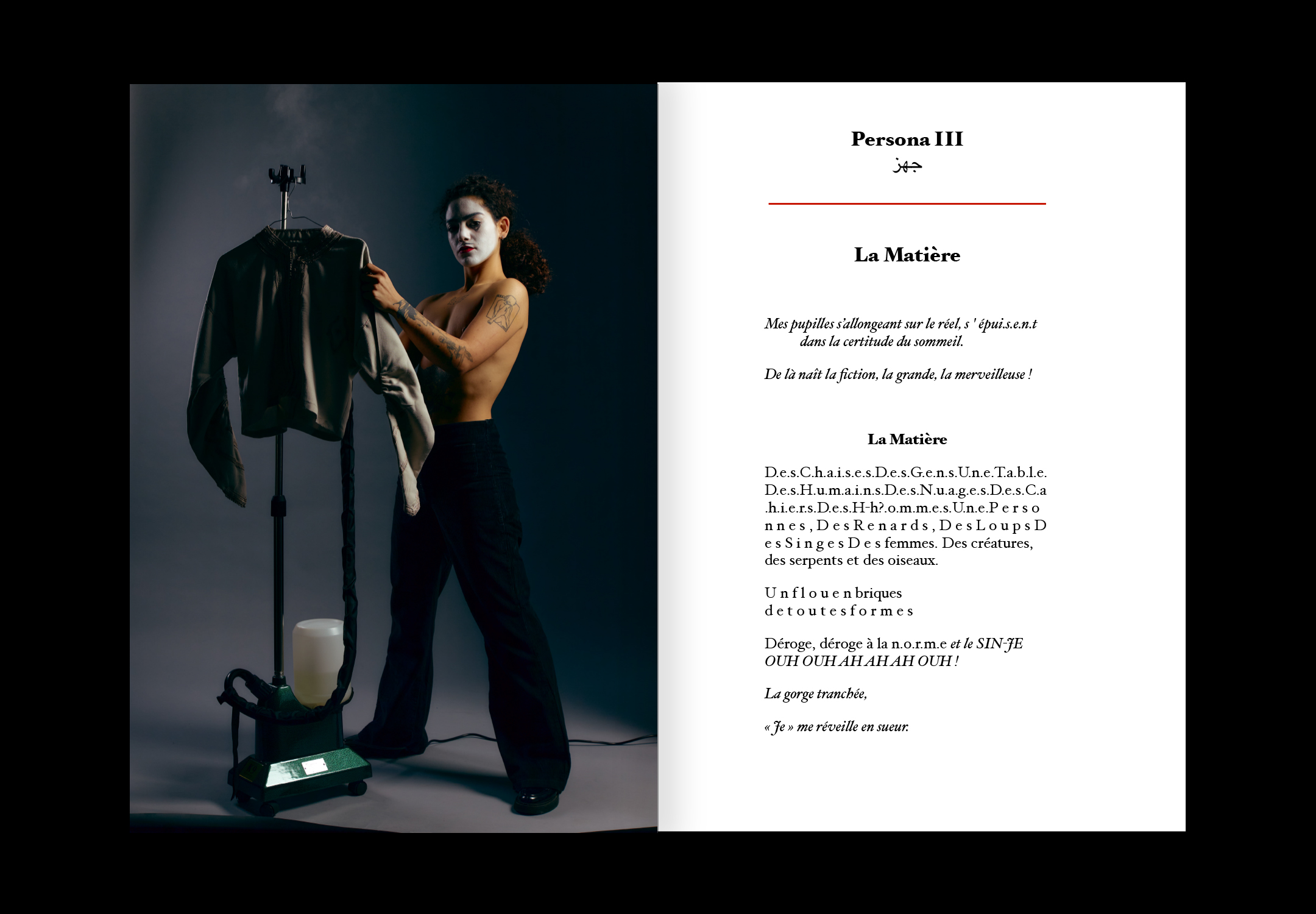 Double page du livre, à gauche une photo pleine page, à droite du texte.