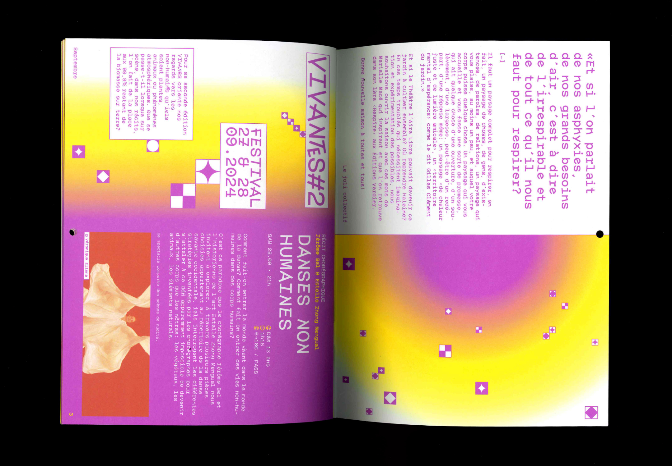 Double page intérieure, texte, images et dégradés fluos.