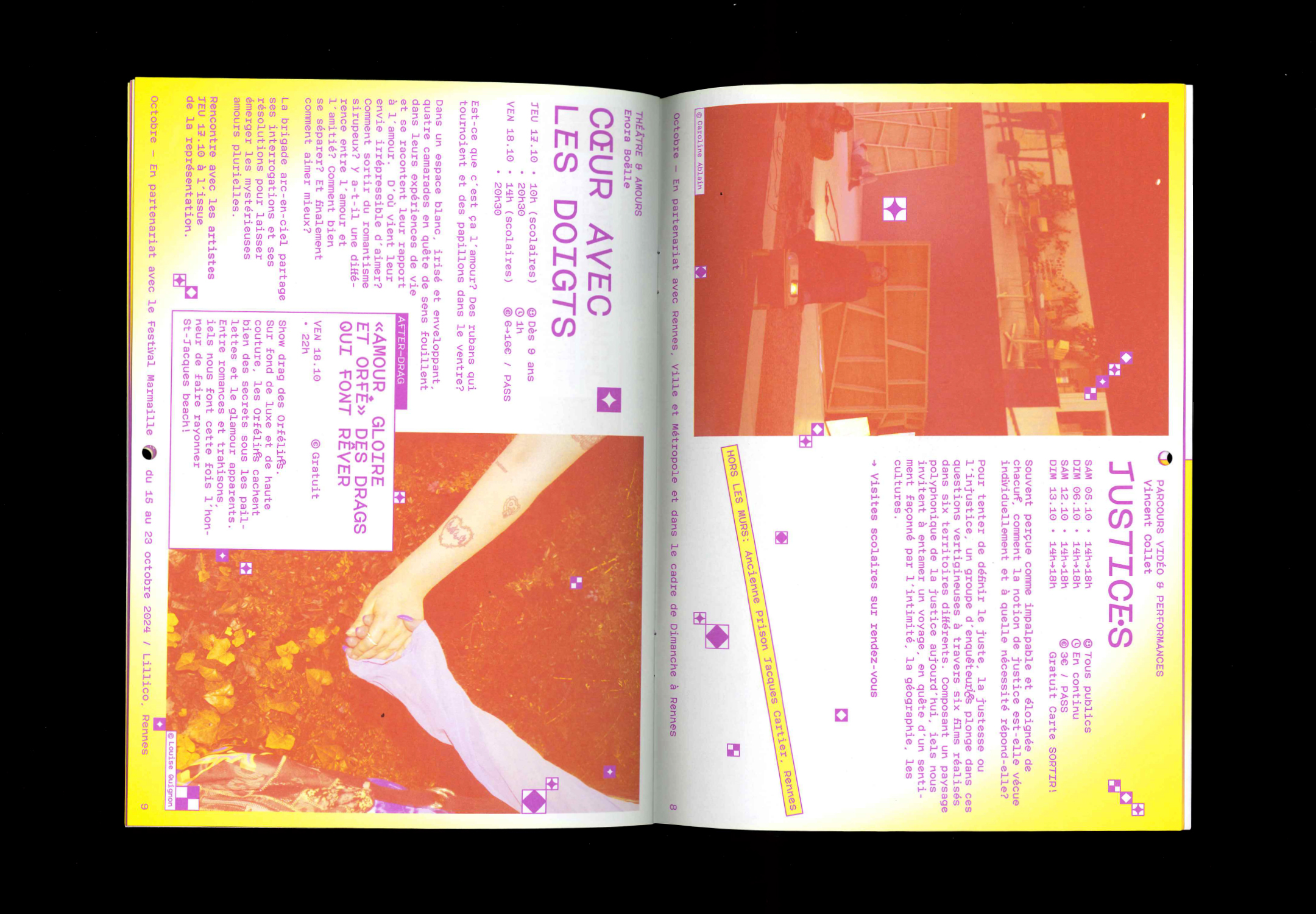 Double page intérieure, texte, images et dégradés fluos.
