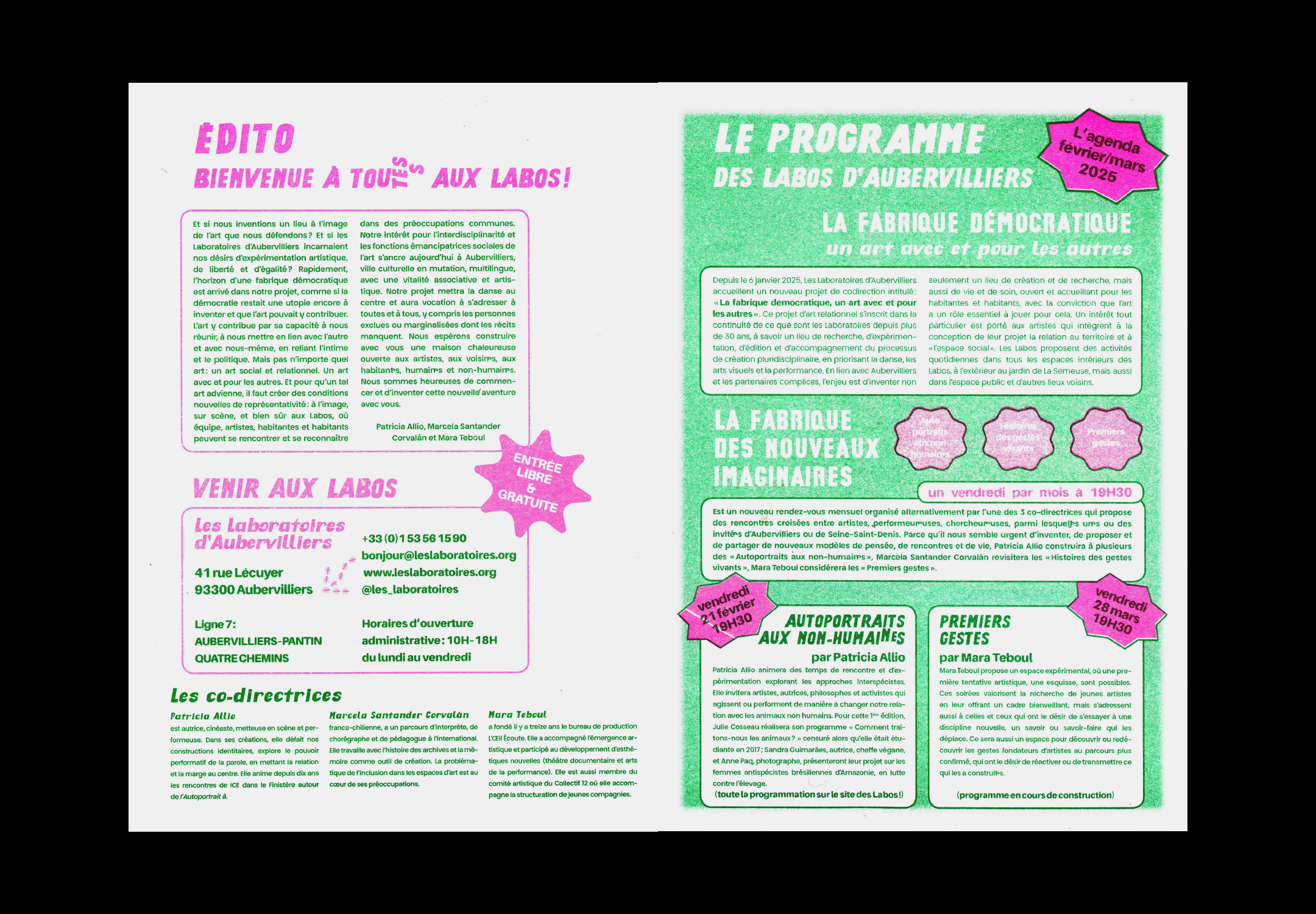 Double-page de la gazette, textes et images en vert et rose fluo.