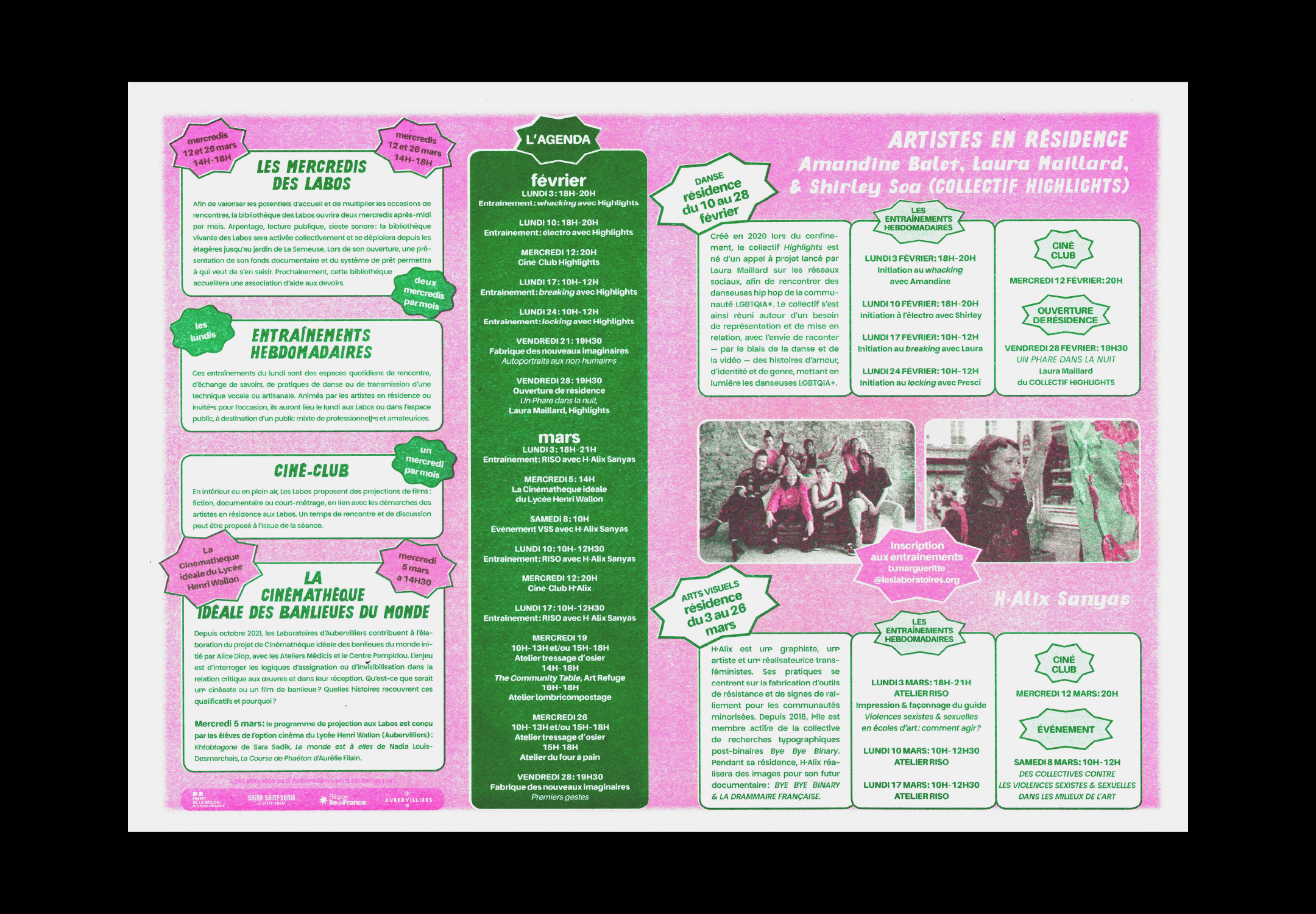 Double-page de la gazette, textes et images en vert et rose fluo.